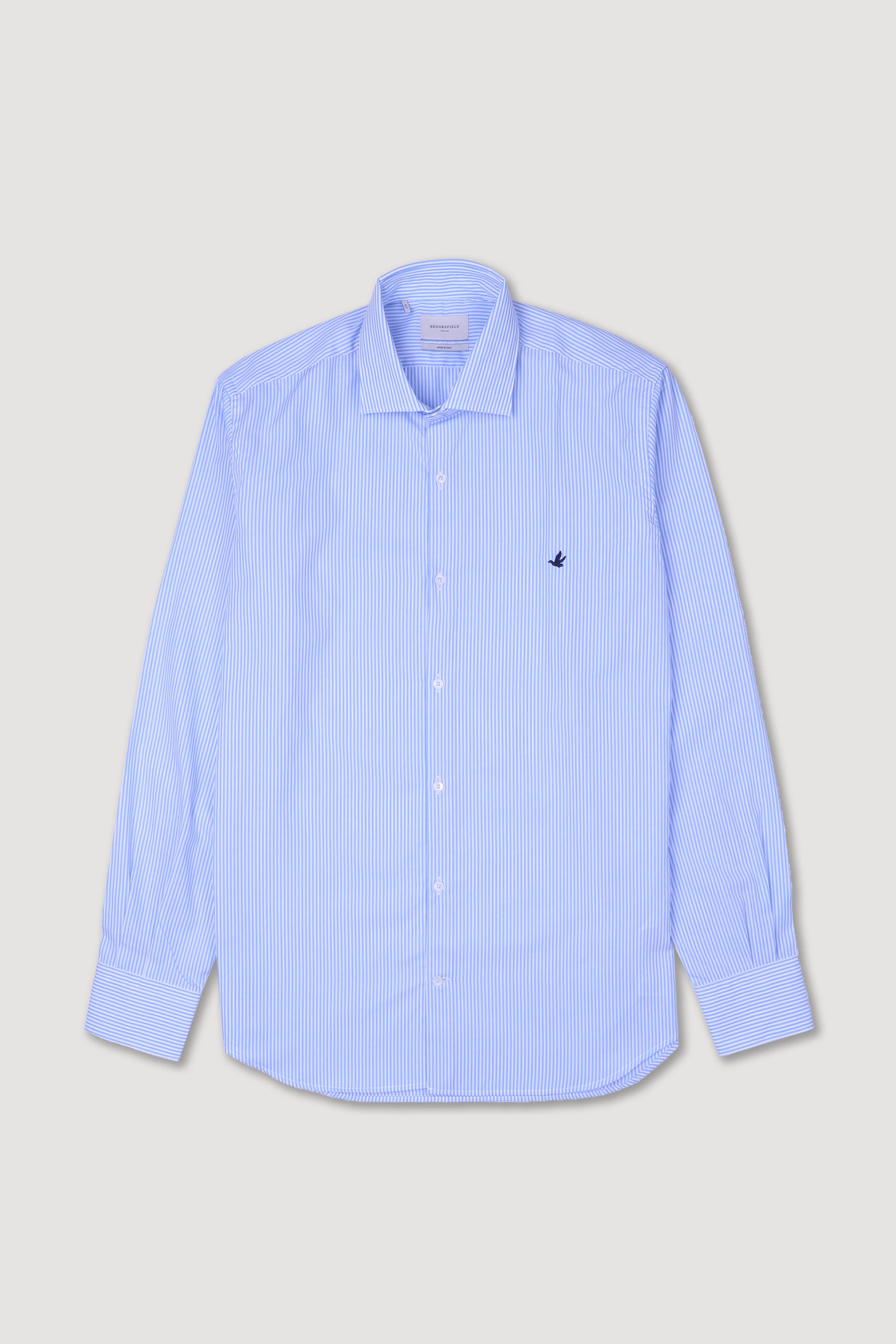 Slim Fit Striped Cotton Poplin Spread Collar Shirt with Wrinkle-Free Treatment. Light Blue