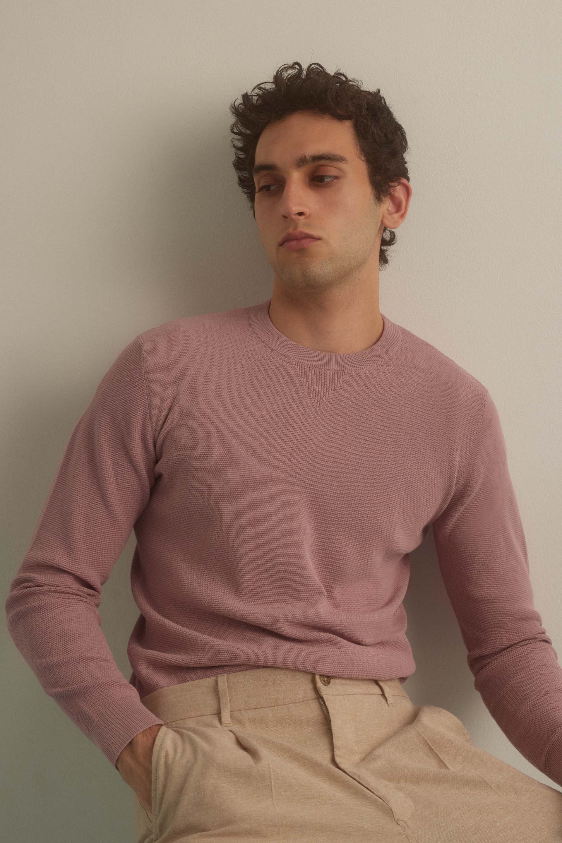 MAGLIA, GIROCOLLO, COTONE MINI MOTIVO, TINTO CAPO - Old rose