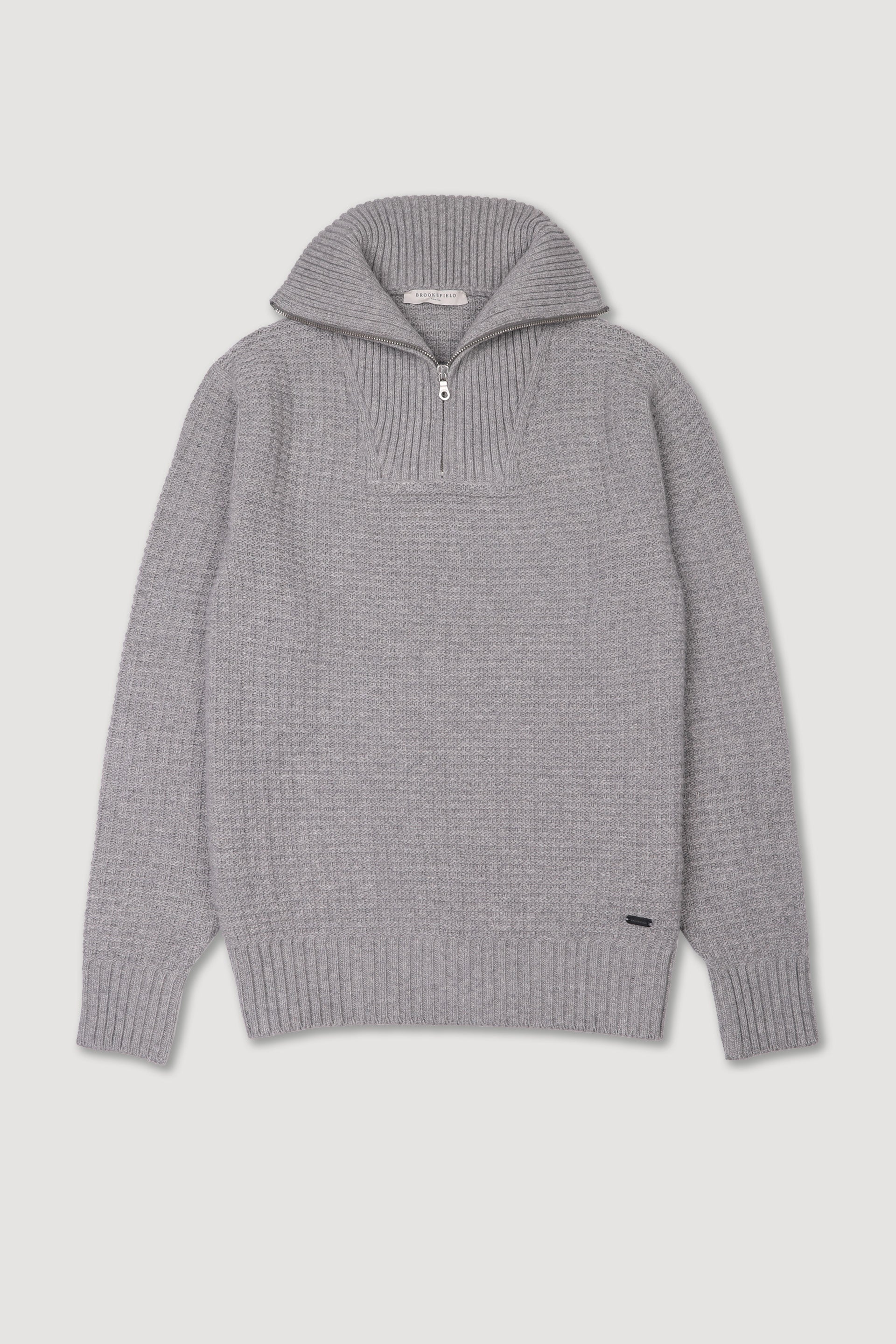 Half-zip high collar sweater in wool–cashmere blend with waffle stitch
