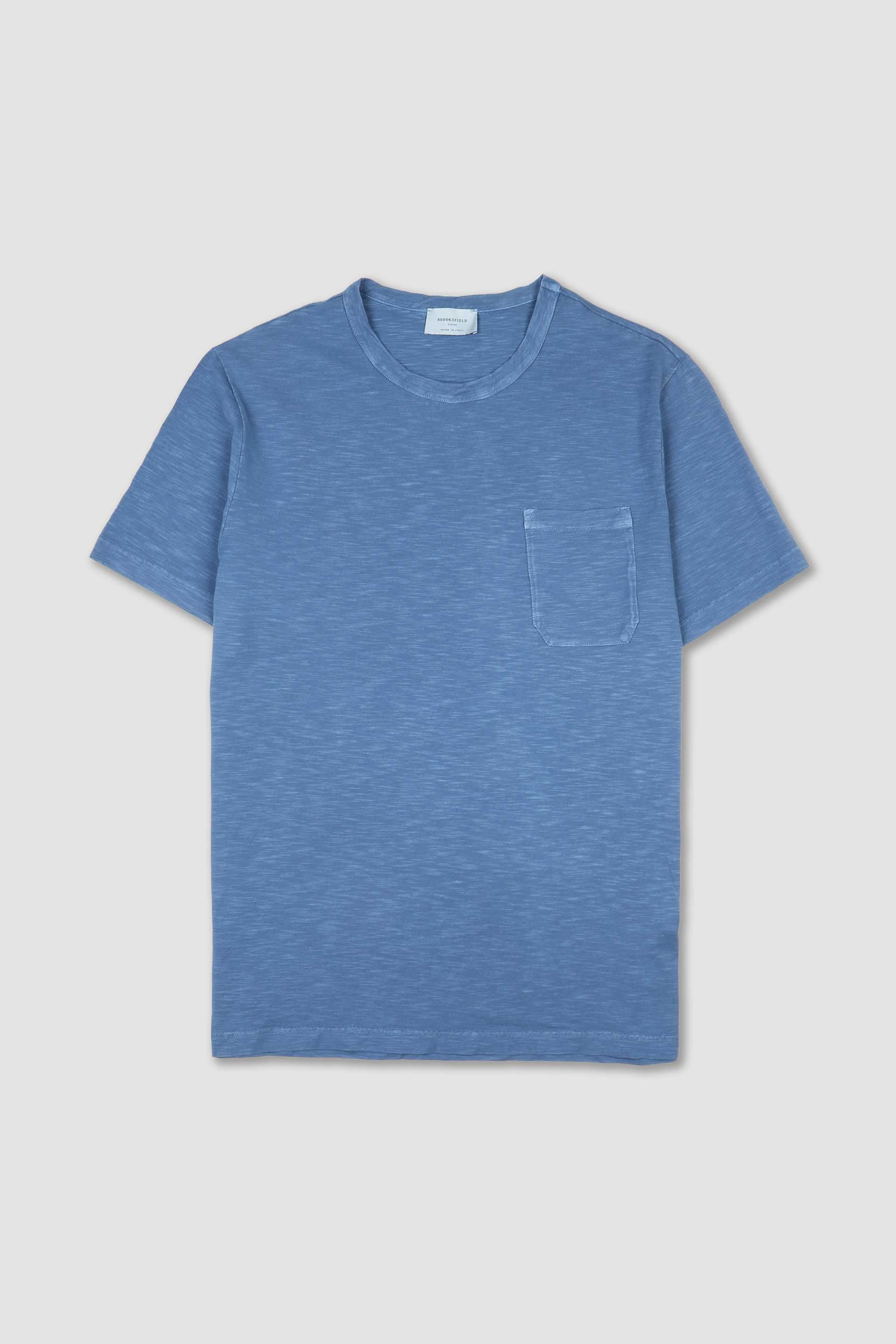 T-shirt in jersey di cotone fiammato con taschino. Blu - Acquario