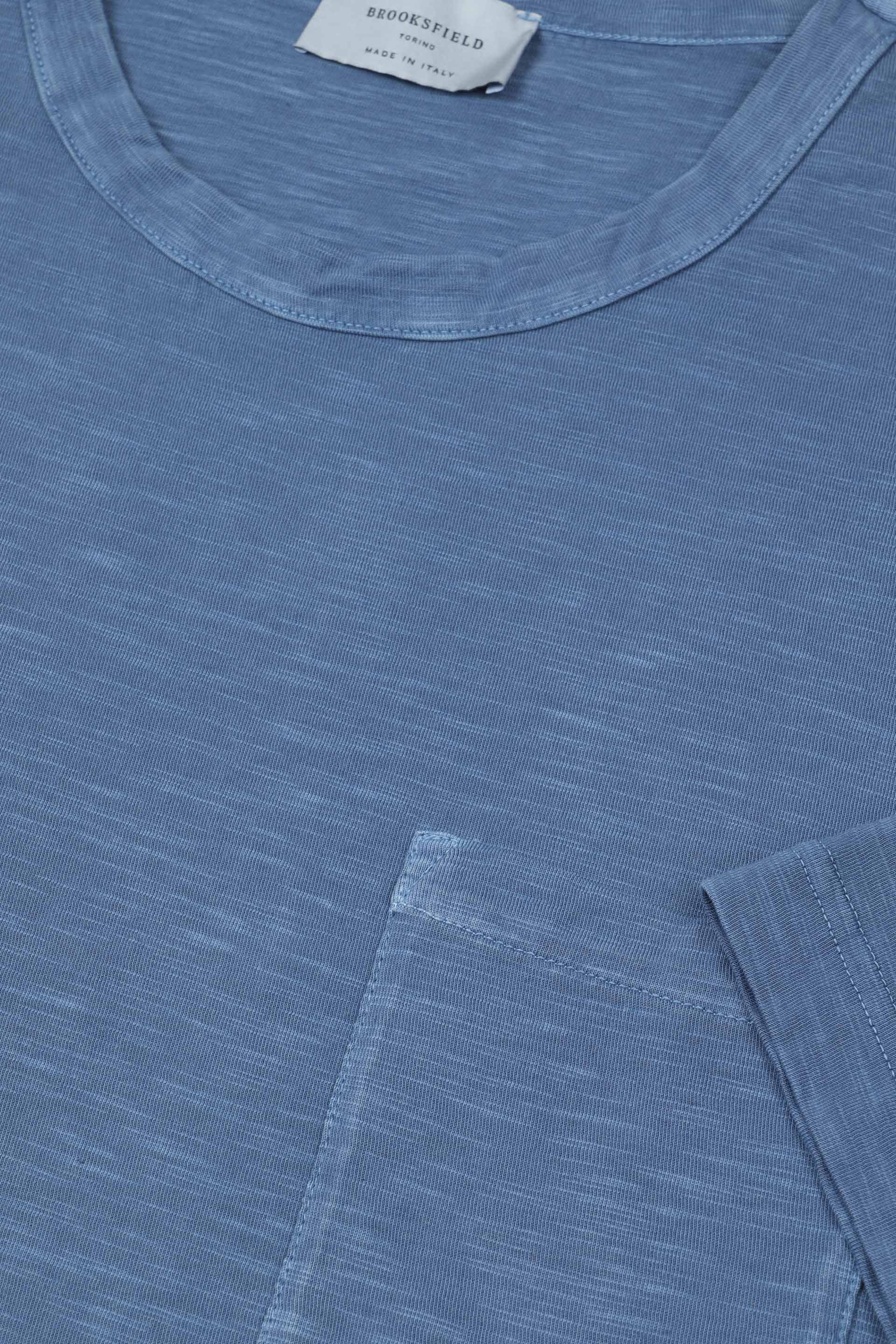 T-shirt in jersey di cotone fiammato con taschino. Blu - Acquario