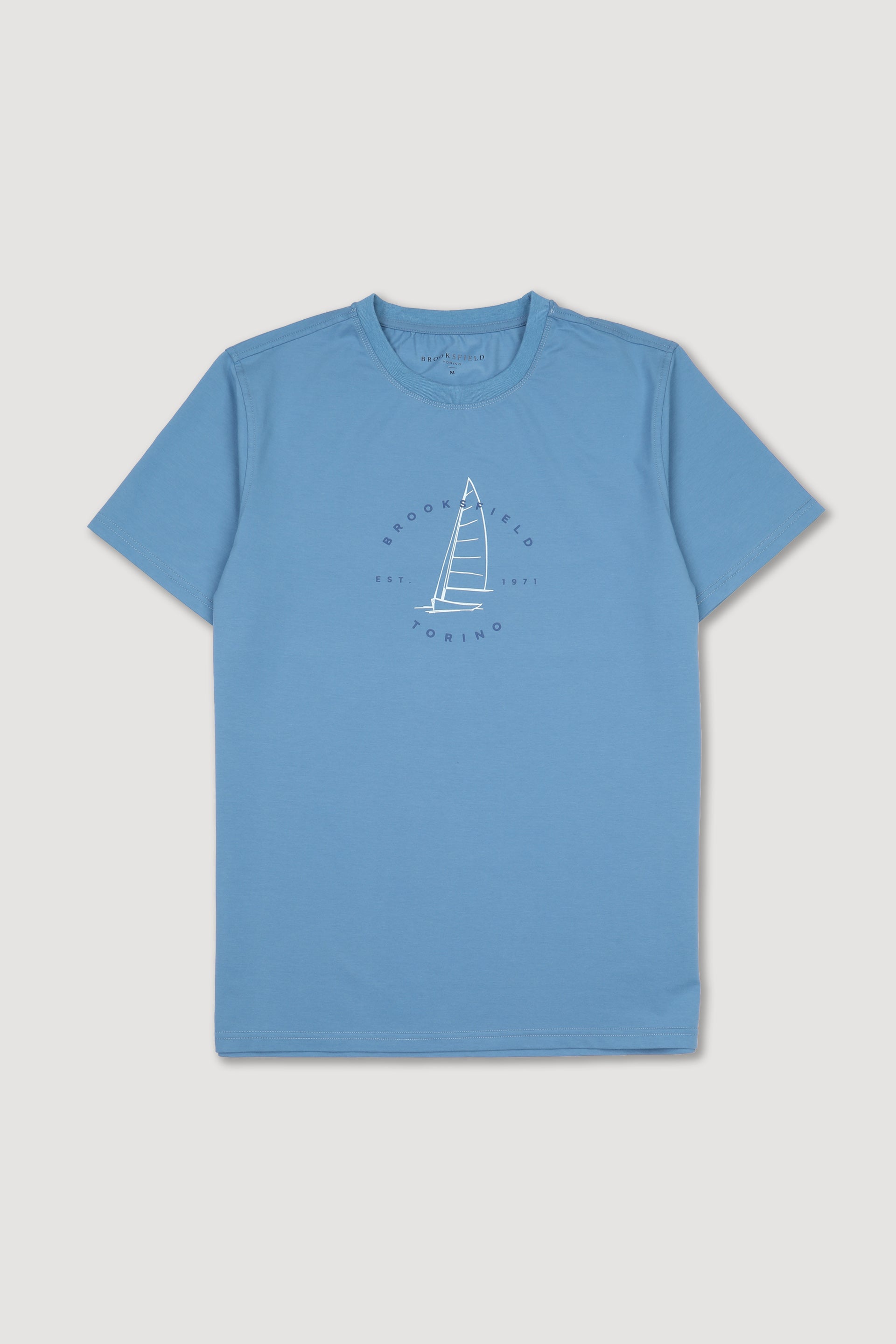 T-shirt in jersey di cotone stretch con stampa barca a vela. Azzurro - Blue