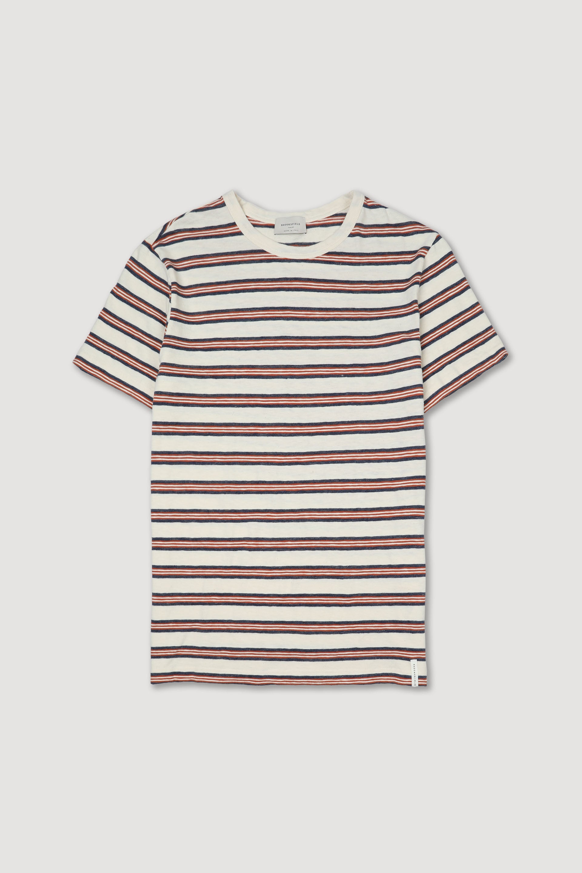T-shirt rigata in jersey di cotone misto lino. Panna - Latte/Rosso/Blu