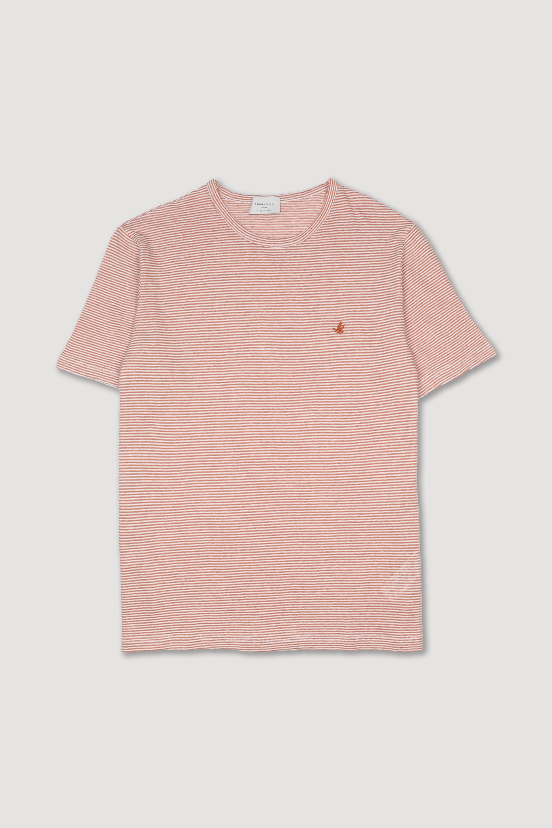 UOMO-T-SHIRT M/C JERSEY COTONE/LINO RIGATO, SCOLLO AL BORDATORE, POLSI CON ORLO, SPACCHI A FESSURA, LAVATA - Fox/latte