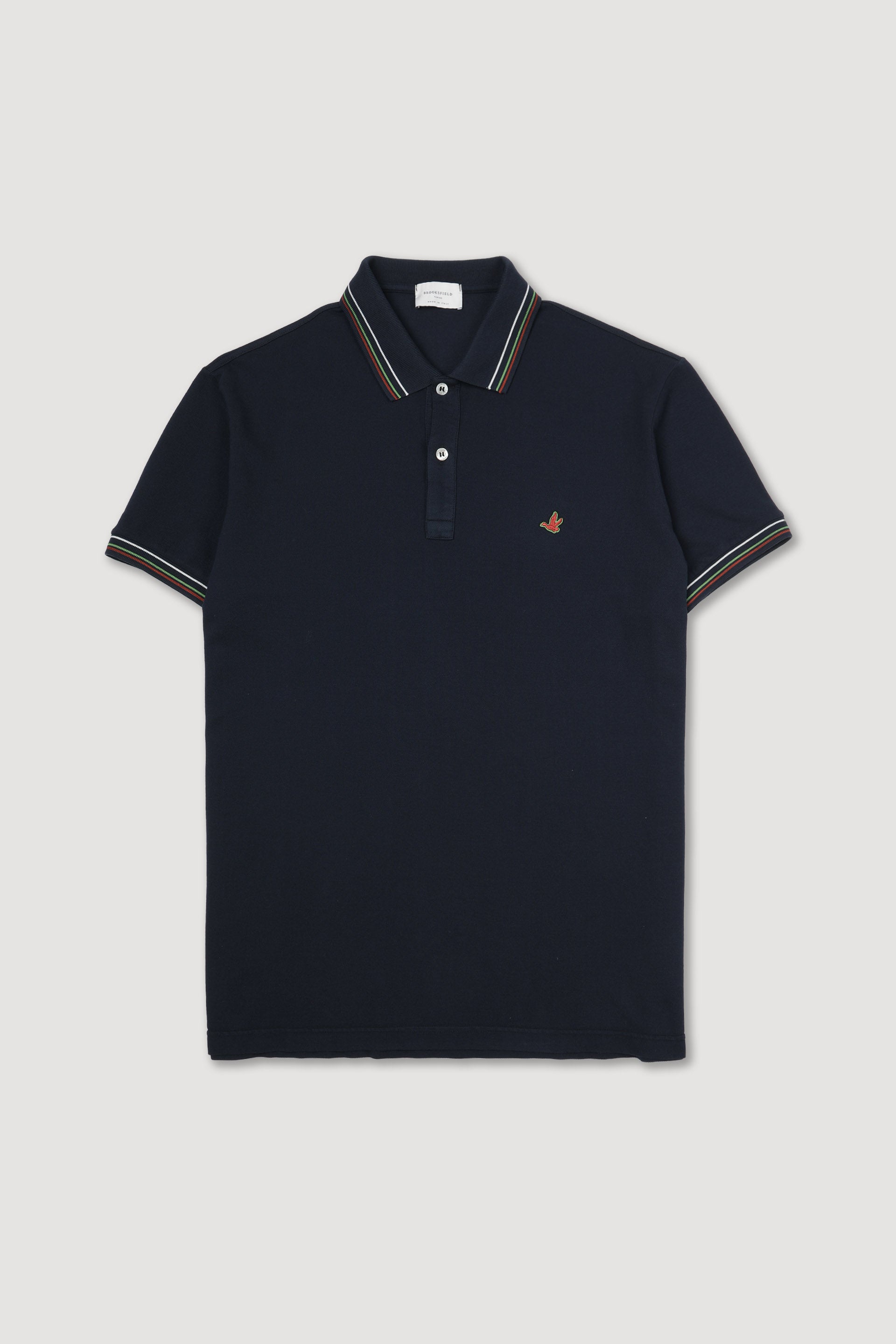 Polo in piquet di cotone con collo e polsi rigati. Logo ricamato al cuore - Navy