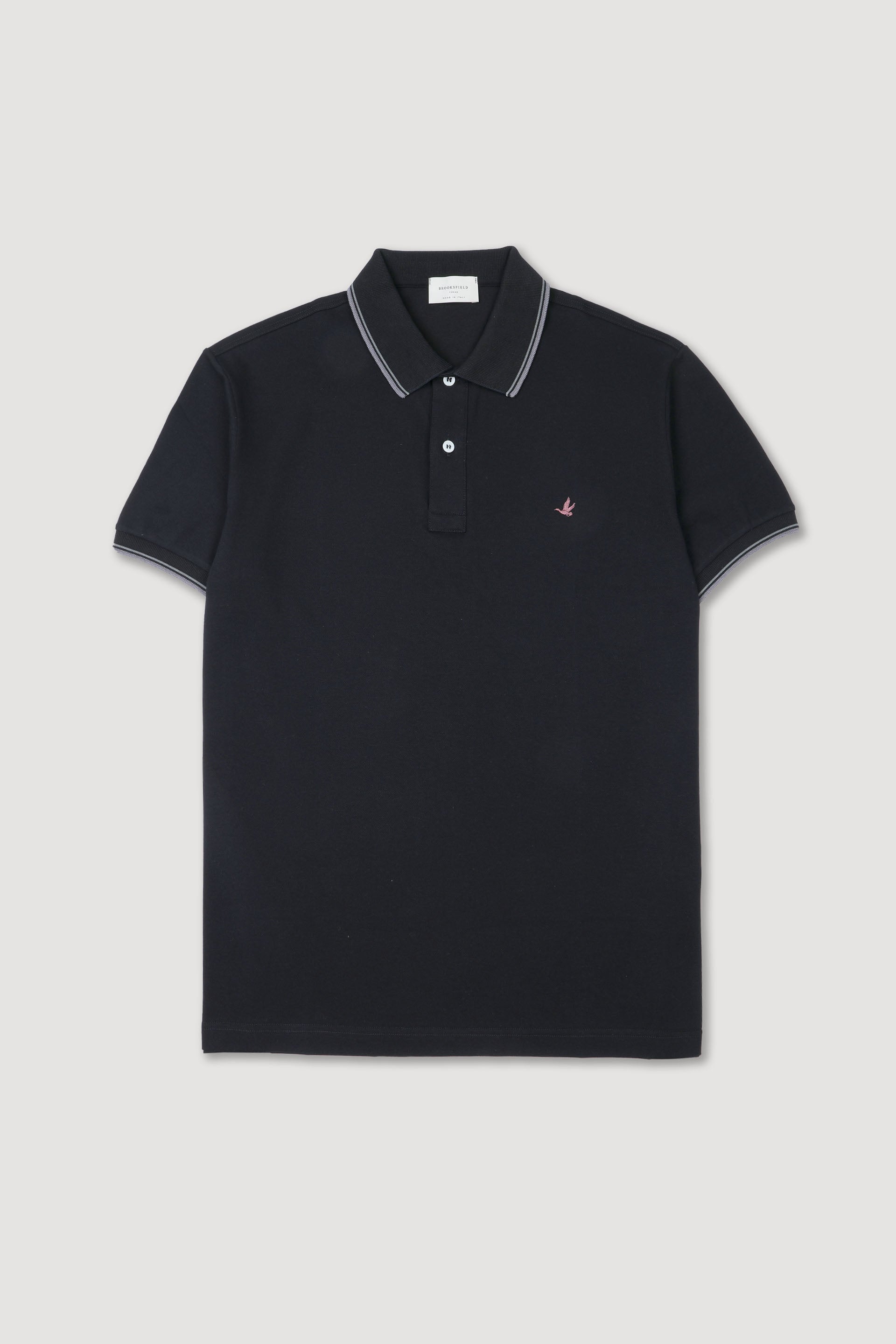 Polo in piquet stretch con ricamo al cuore e collo e polsi rigati. Nero - Black