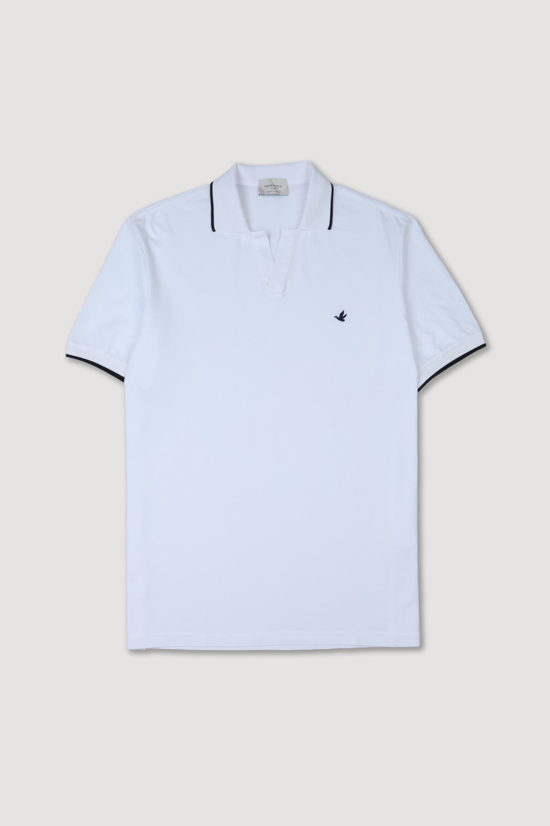 Polo collo aperto in jersey di cotone con bordi rigati. Bianco - White