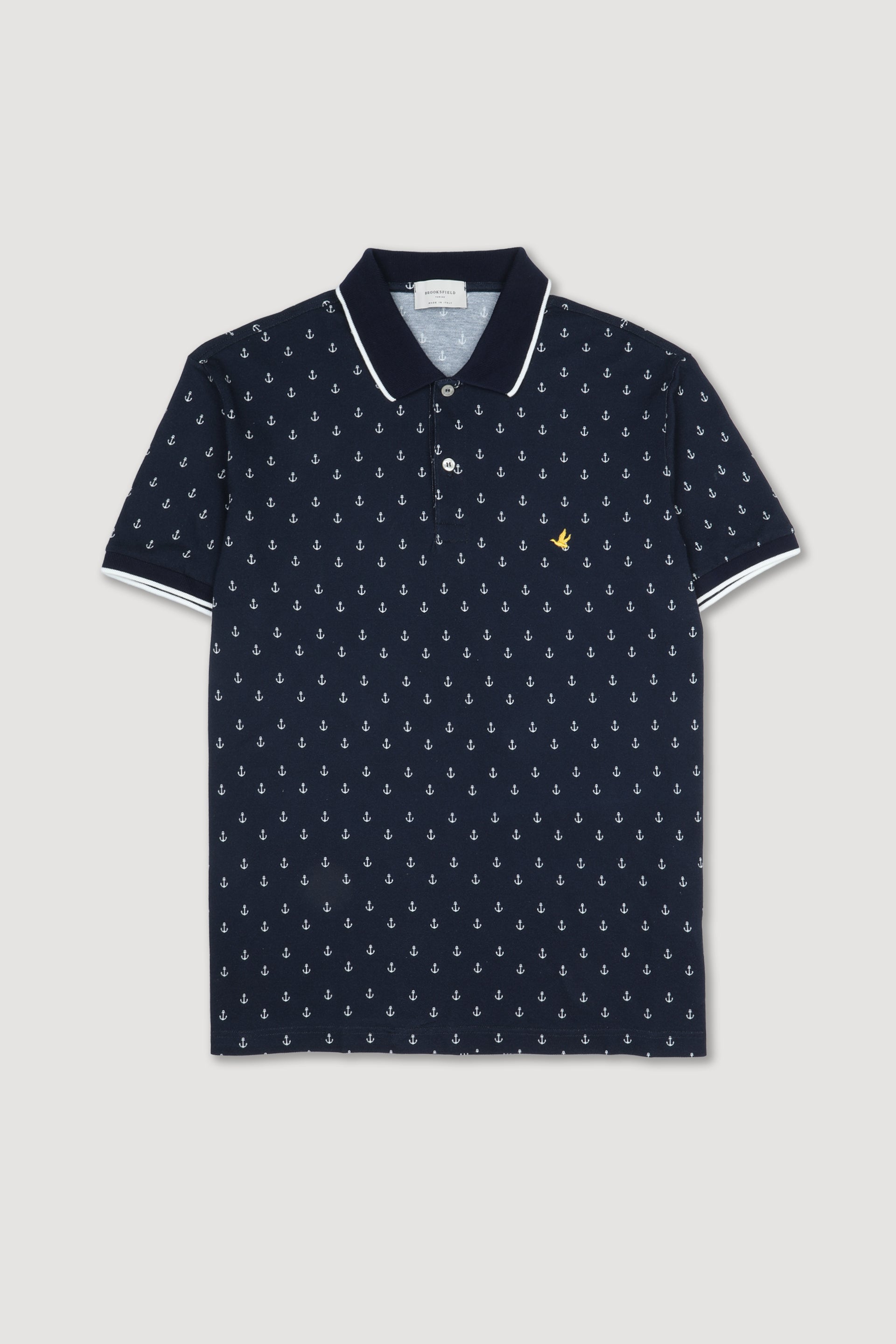 Polo in piquet di cotone con stampa Ancora, collo e polsi in contrasto. Logo ricamato al cuore. - Blu