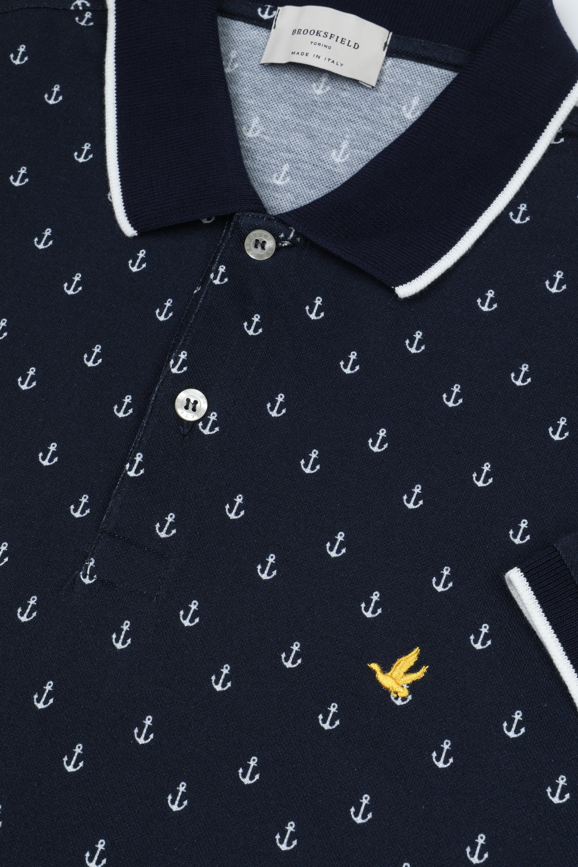 Polo in piquet di cotone con stampa Ancora, collo e polsi in contrasto. Logo ricamato al cuore. - Blu