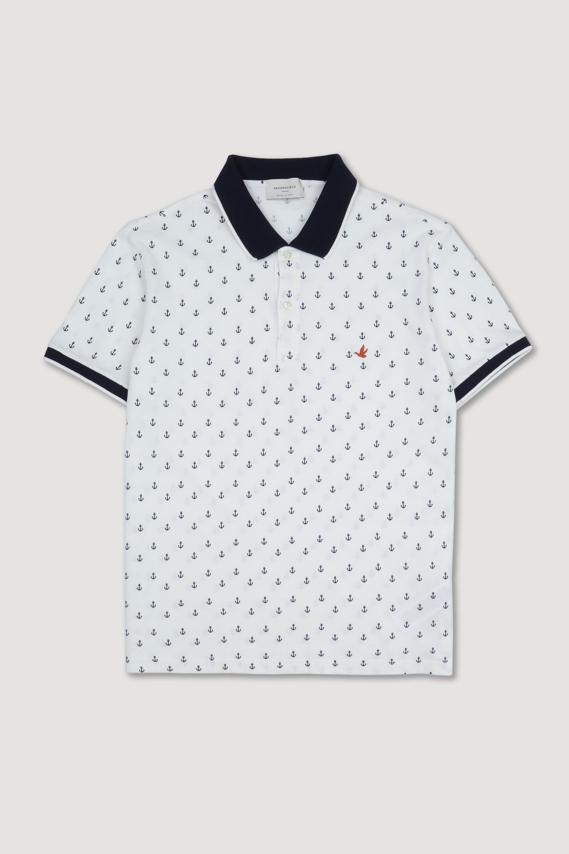 UOMO-POLO M/C PIQUET LIGHT STAMPATO "ANCORETTA" ALL OVER COLLO E POLSI RIGATI, SPACCHI A FESSURA, LAVATA - Bianco