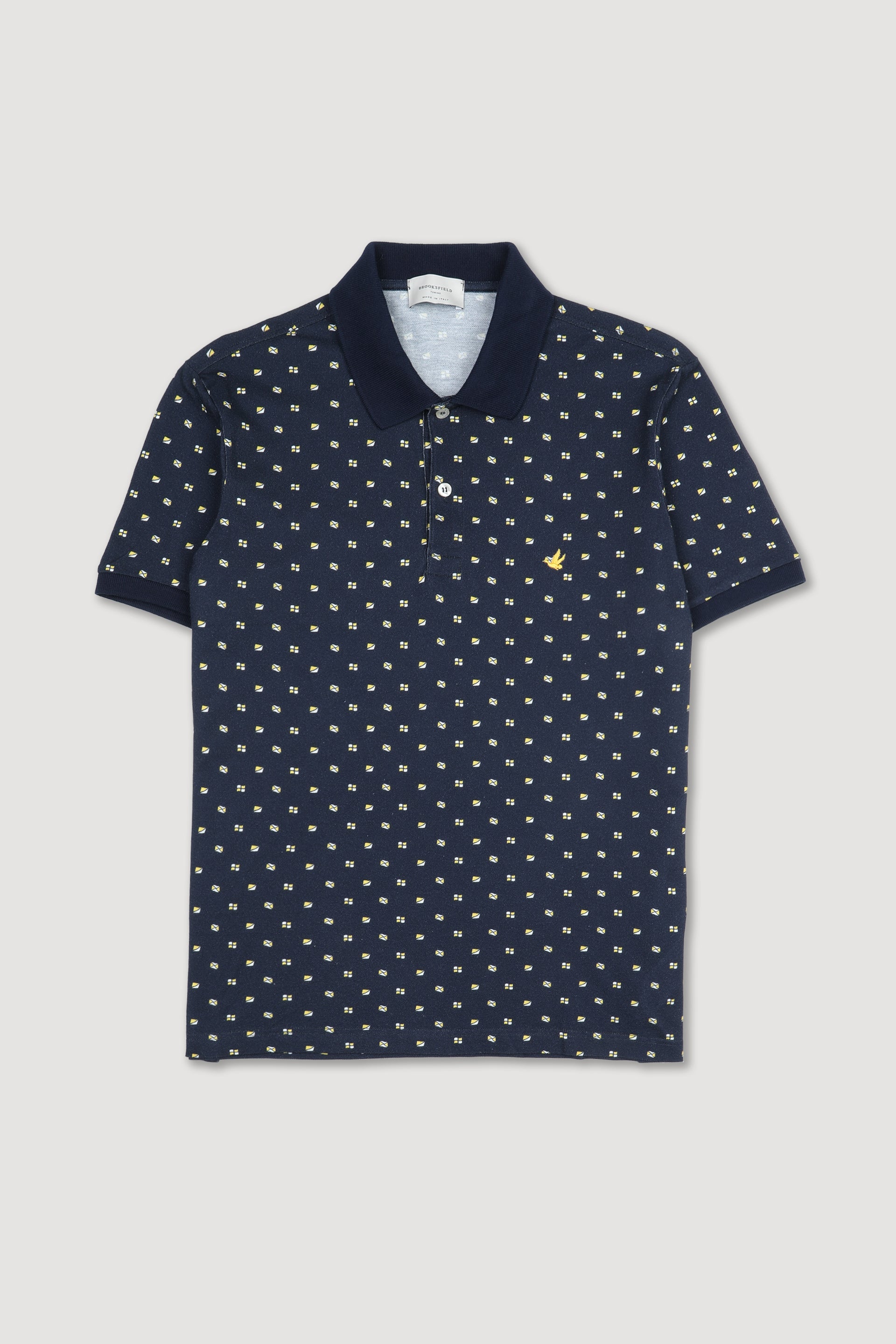 UOMO-POLO M/C PIQUET LIGHT STAMPATO "BANDIERINE" ALL OVER COLLO E POLSI UNITI, SPACCHI A FESSURA, LAVATA - Blu