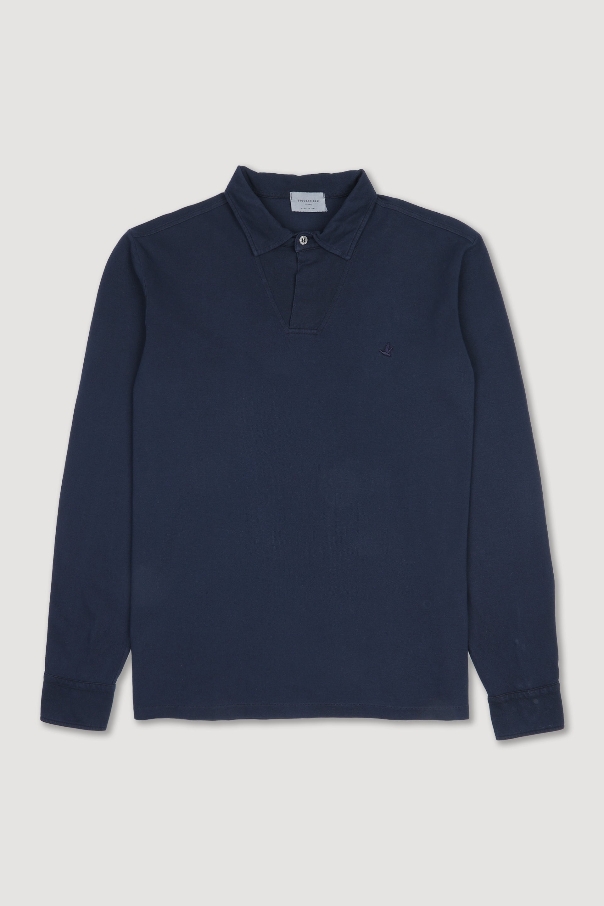 Polo manica lunga in piquet leggero di cotone, apertura collo in stile Capri. Blu - Navy