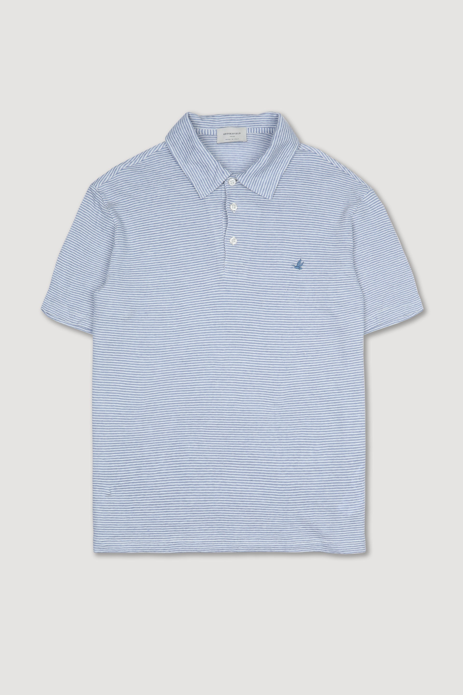 Polo in jersey rigato in lino misto cotone- Logo ricamato al cuore. Azzurro - Azzurro/Latte