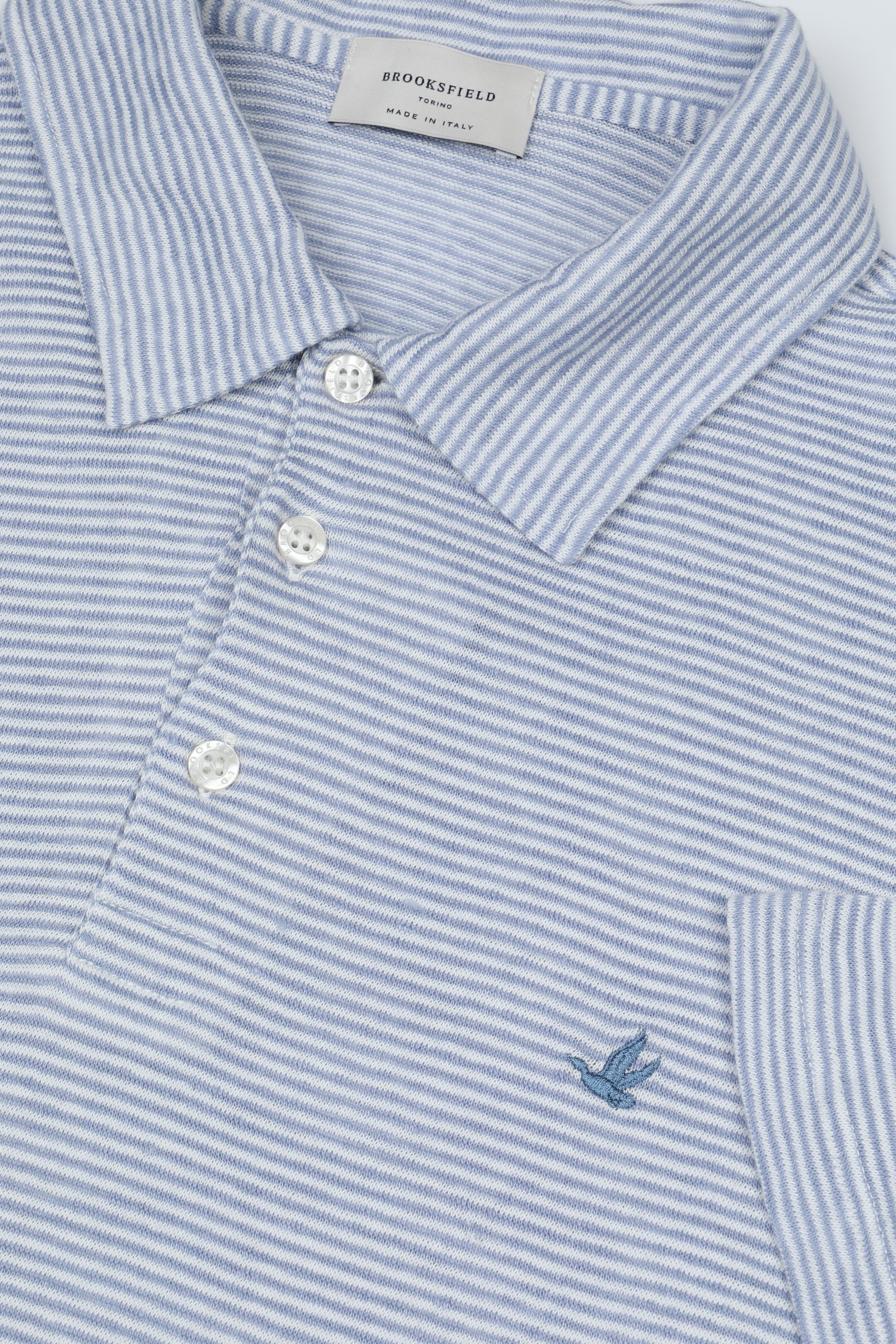 Polo in jersey rigato in lino misto cotone- Logo ricamato al cuore. Azzurro - Azzurro/Latte