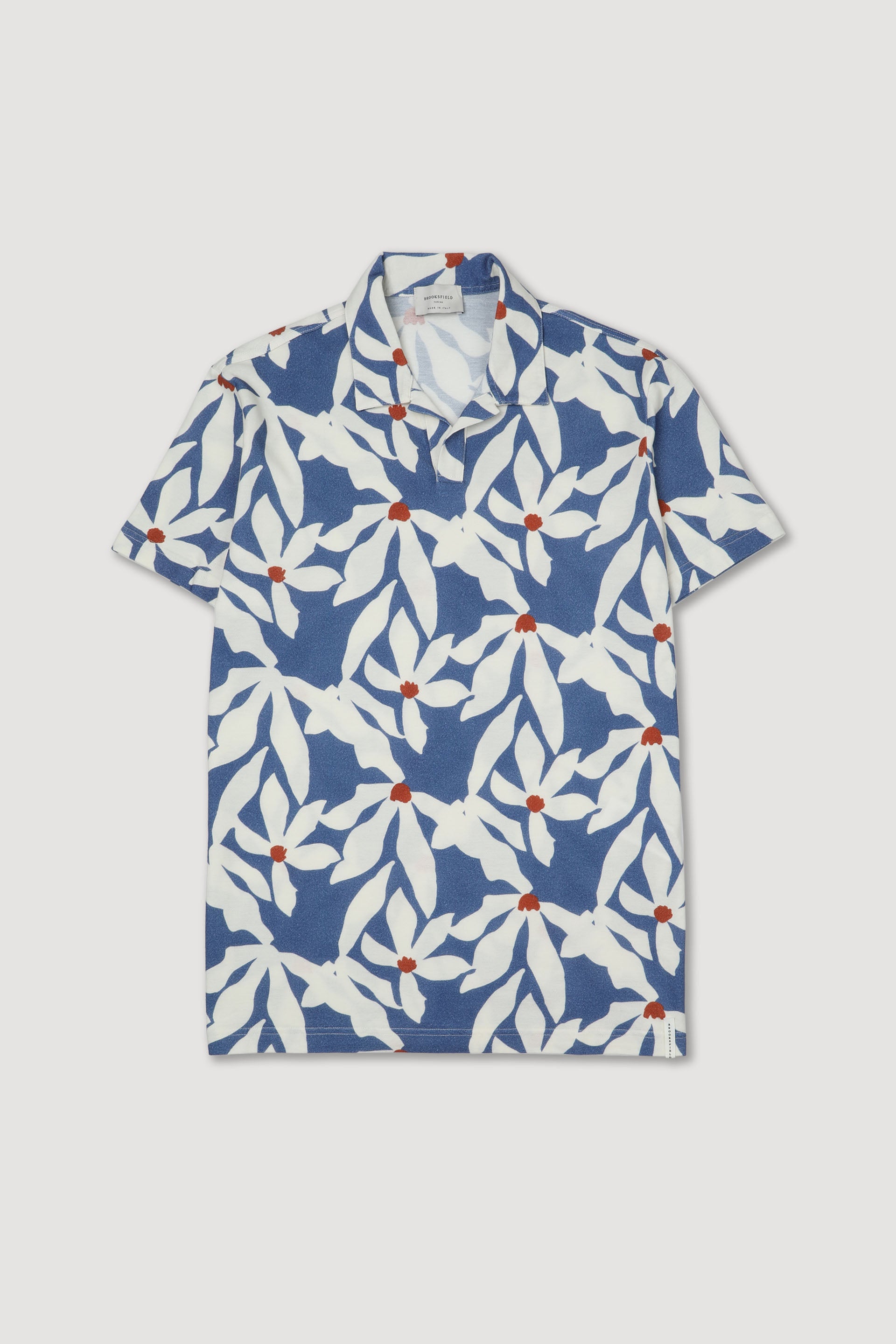 Polo collo aperto in piquet di cotone, stampa Magnolia. Blu - Sailor/Avorio