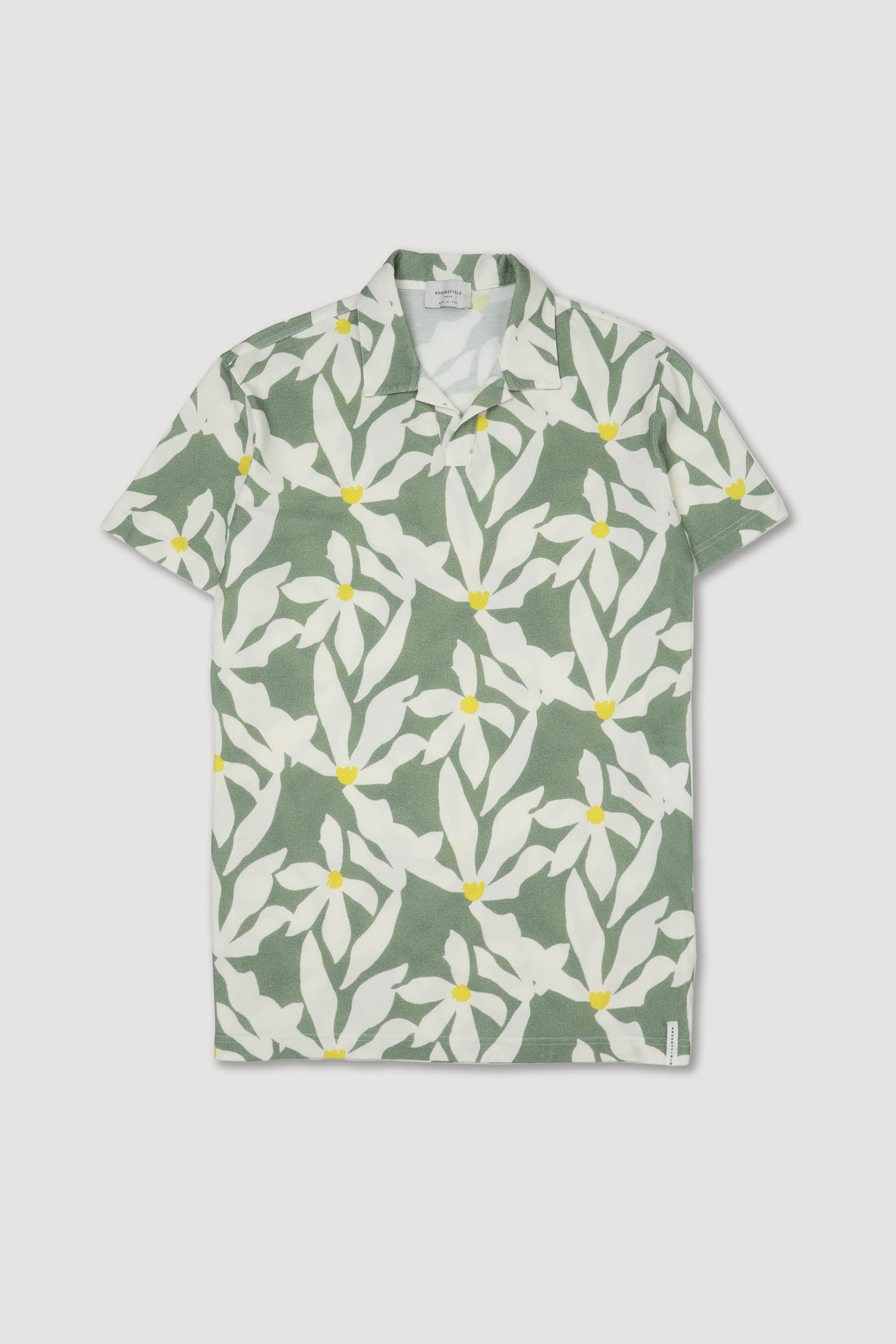 Polo collo aperto in piquet di cotone, stampa Magnolia. Verde - Aneto/Avorio