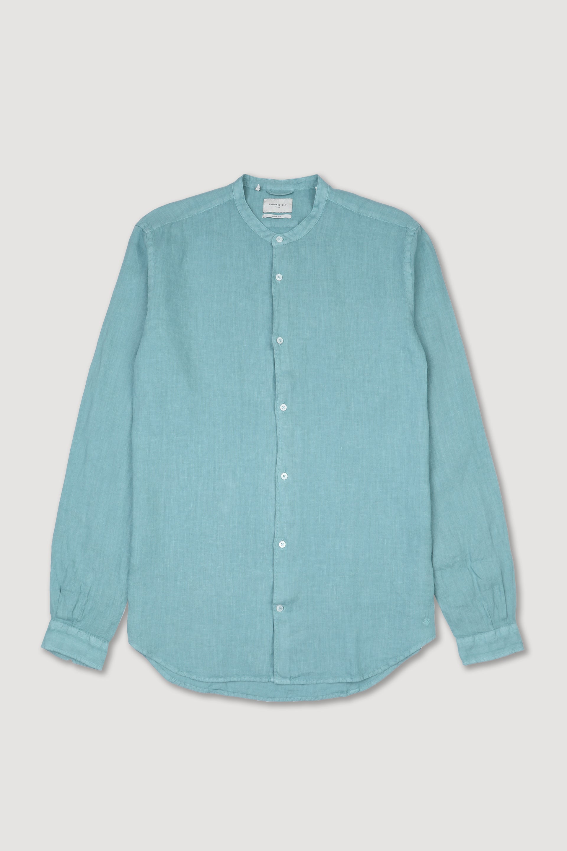 Camicia slim fit in lino con collo alla coreana. Verde - Peacock