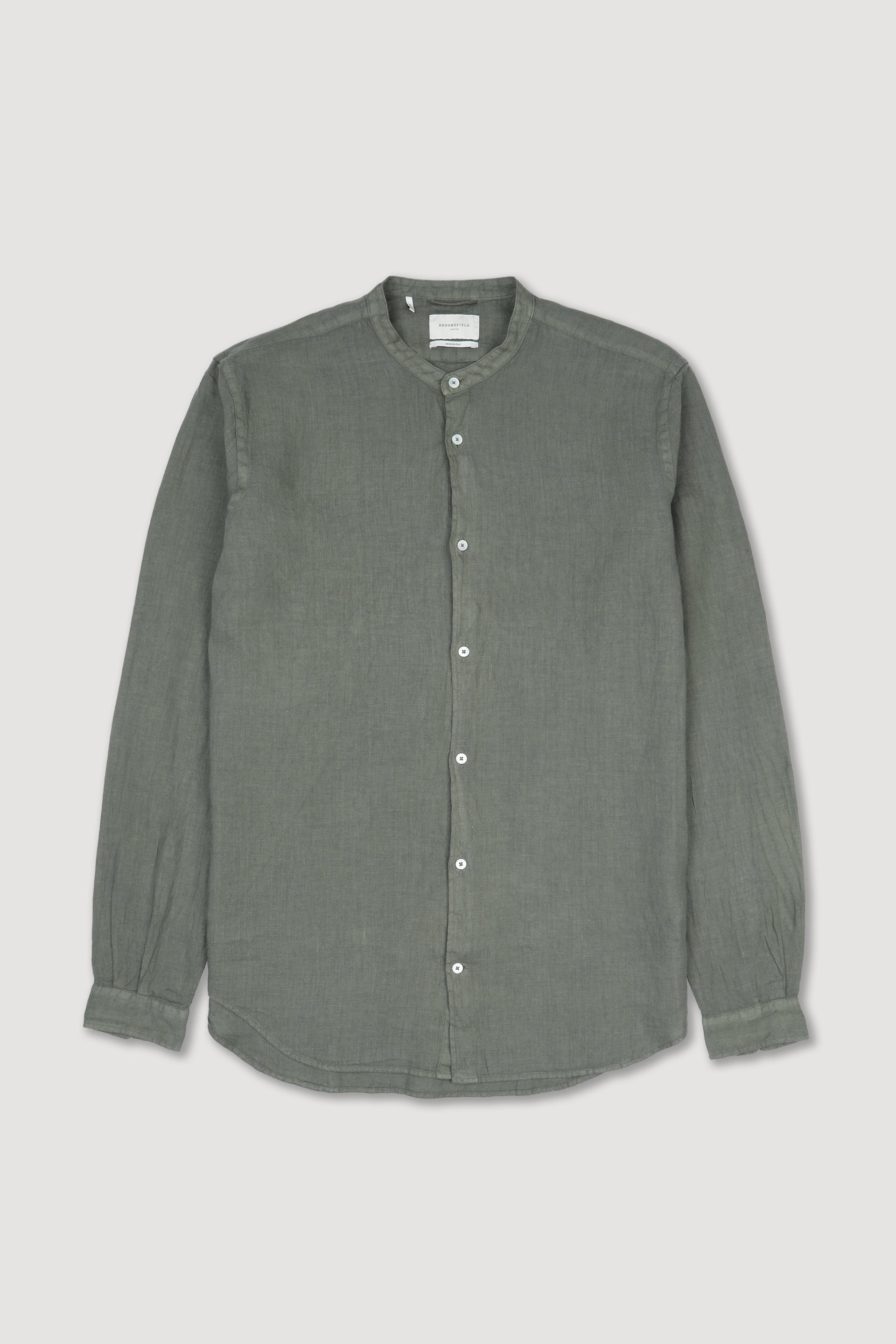 Camicia slim fit in lino con collo alla coreana. Verde - Alligator