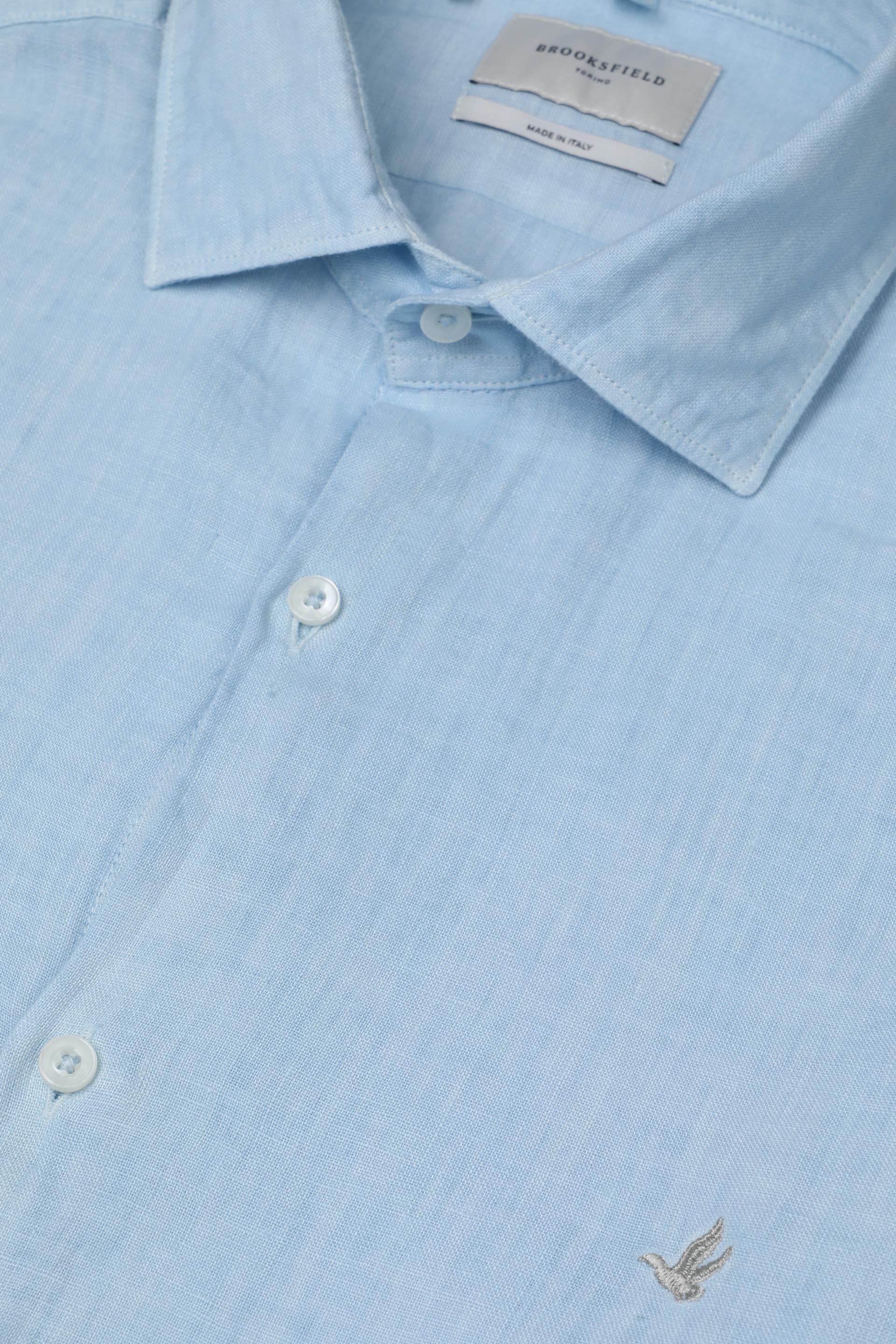 CAMICIA, SLIM FIT, SPREAD COLLAR, POPLIN LINO UNITO, TINTO CAPO SPECIALE - Cielo