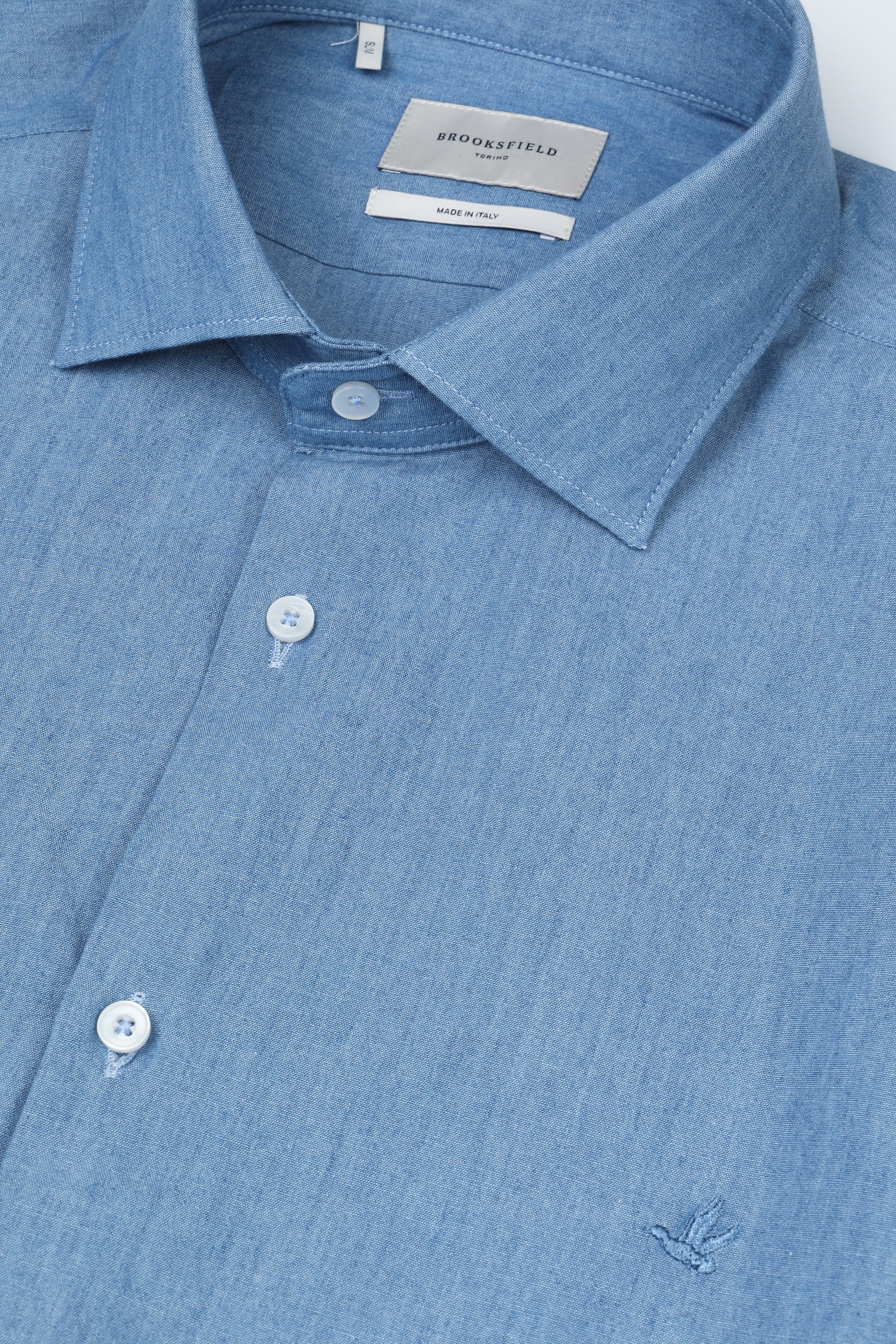 UOMO-CAMICIA (SLIM FIT) M/L SPREAD COLLAR, TESSUTO CHAMBRAY DI COTONE INDACO BLU LAVATO - Bleach