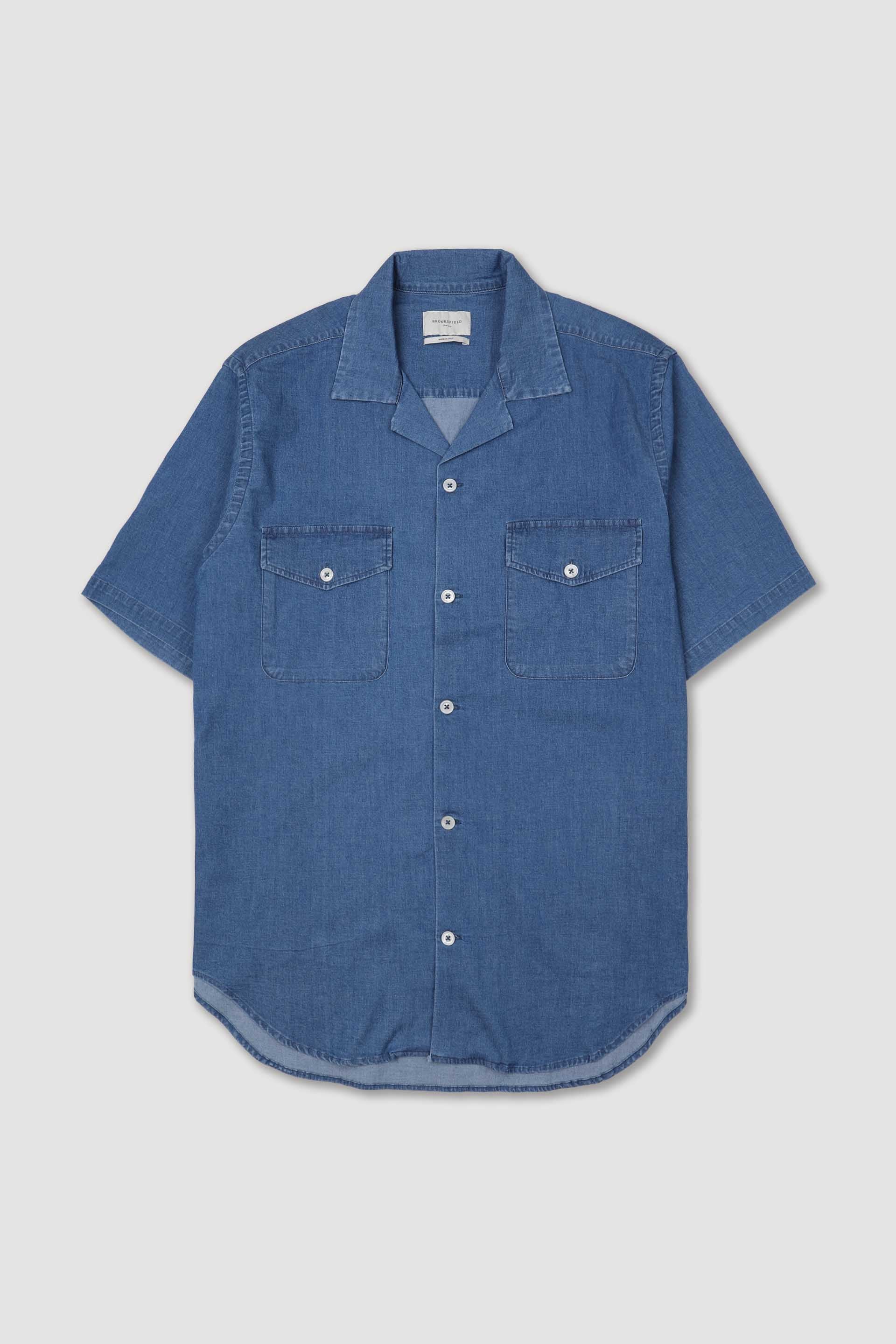 CAMICIA HAVANA, REGULAR FIT, CAMP COLLAR, TASCHINO, TWILL COTONE STRETCH UNITO, VERO INDACO - Azzurro