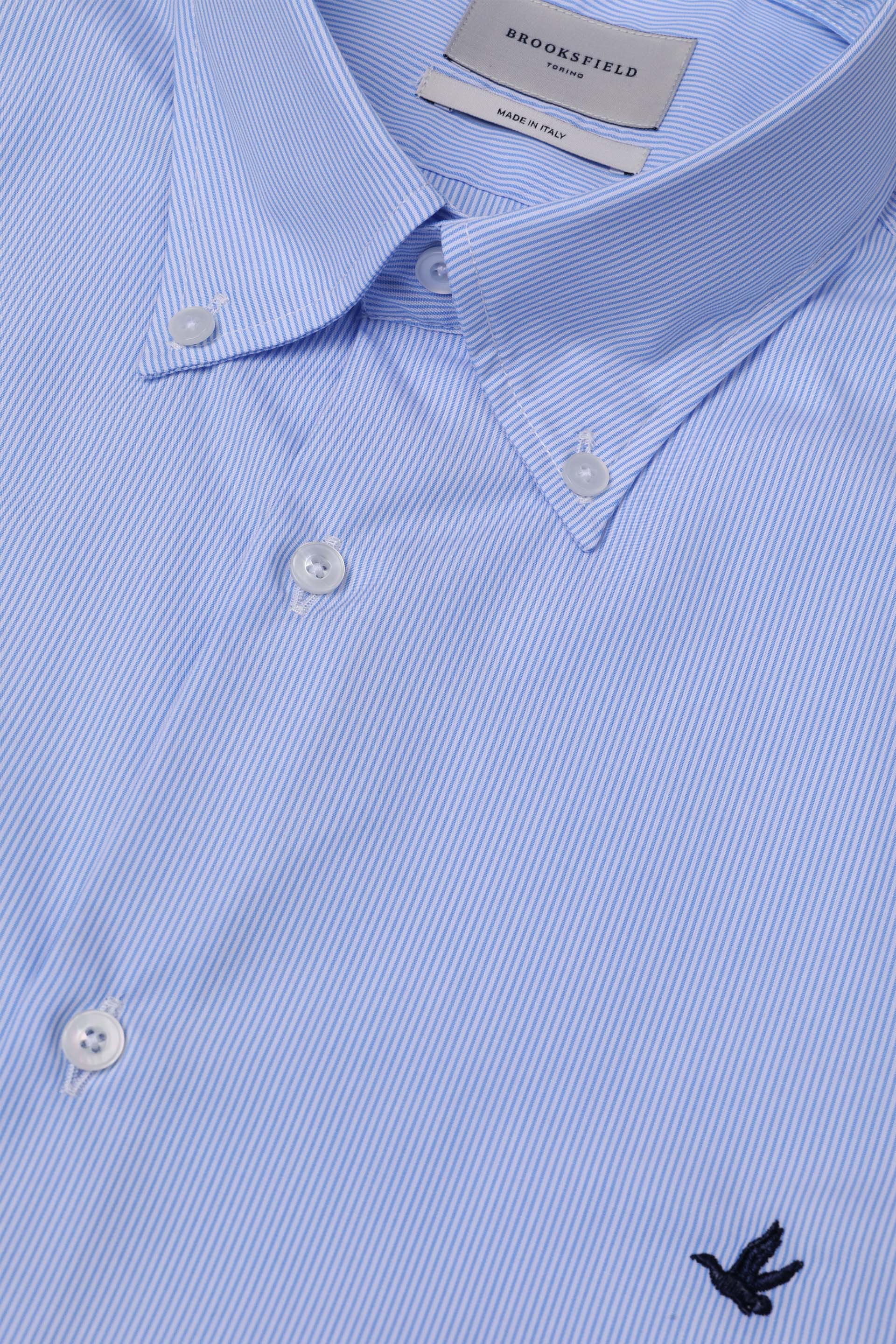 CAMICIA, SLIM FIT, BUTTON DOWN, POPLIN COTONE RIGA WRINKLE FREE - Celeste/bianco