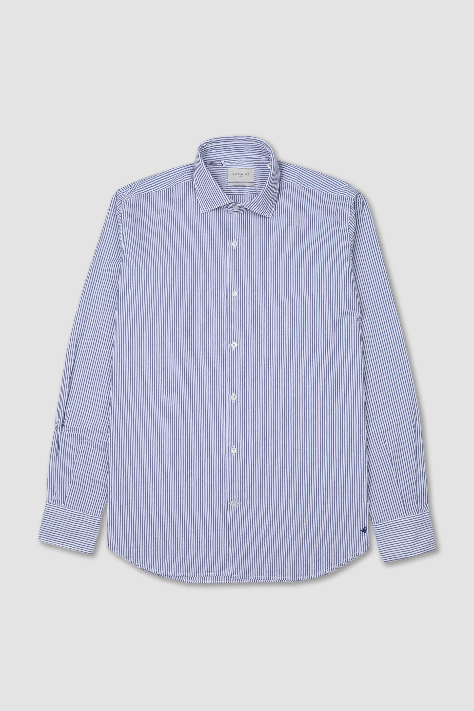 CAMICIA, SLIM FIT, SPREAD COLLAR, SEERSUCKER COTONE RIGA, LAVATO - Bianco/blu