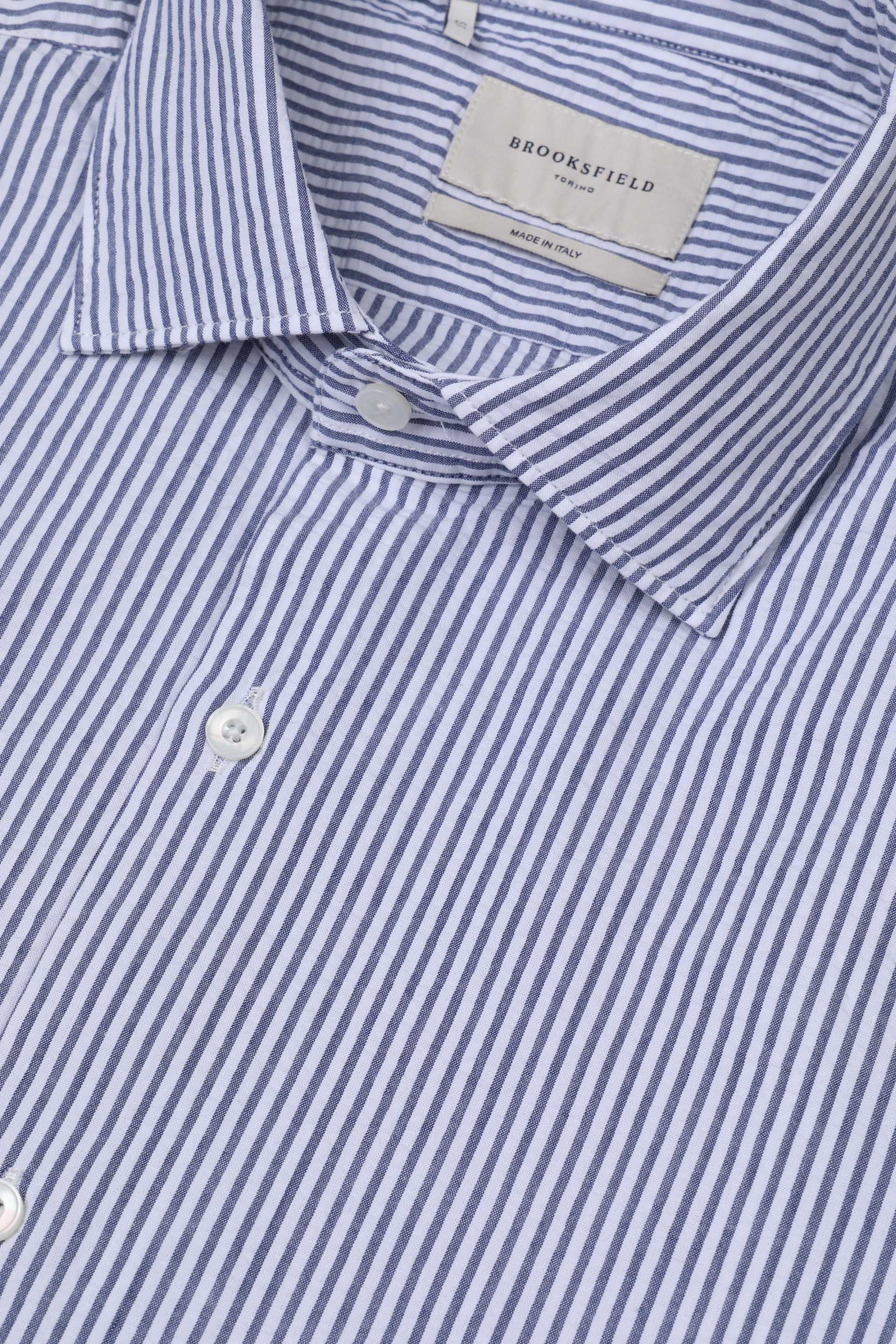 CAMICIA, SLIM FIT, SPREAD COLLAR, SEERSUCKER COTONE RIGA, LAVATO - Bianco/blu