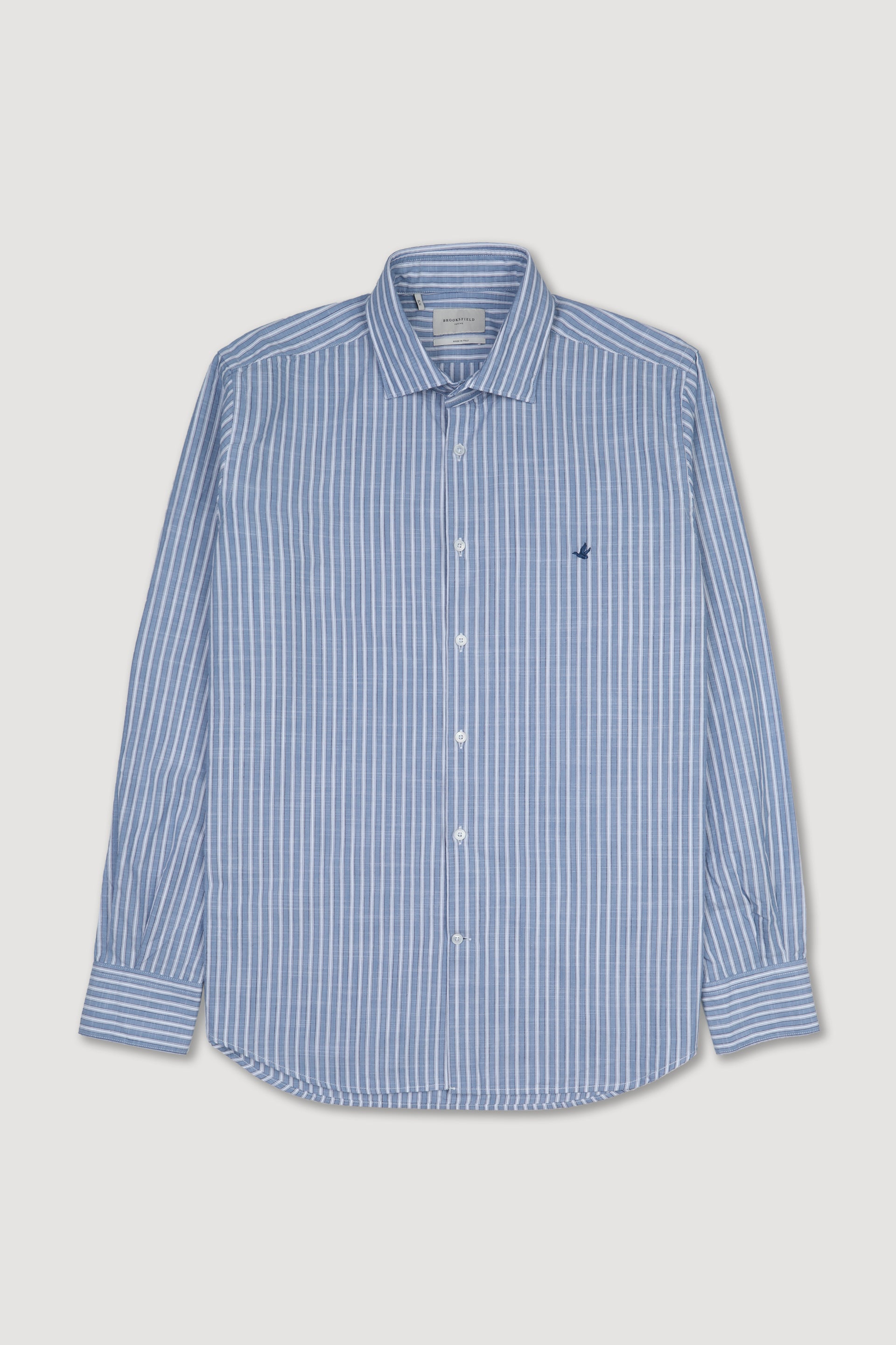 UOMO-CAMICIA (SLIM FIT) M/L SPREAD COLLAR LAVATA TESSUTO TELA COTONE FIAMMATO FANTASIA RIGA VERTICALE - Azzurro polvere/latte