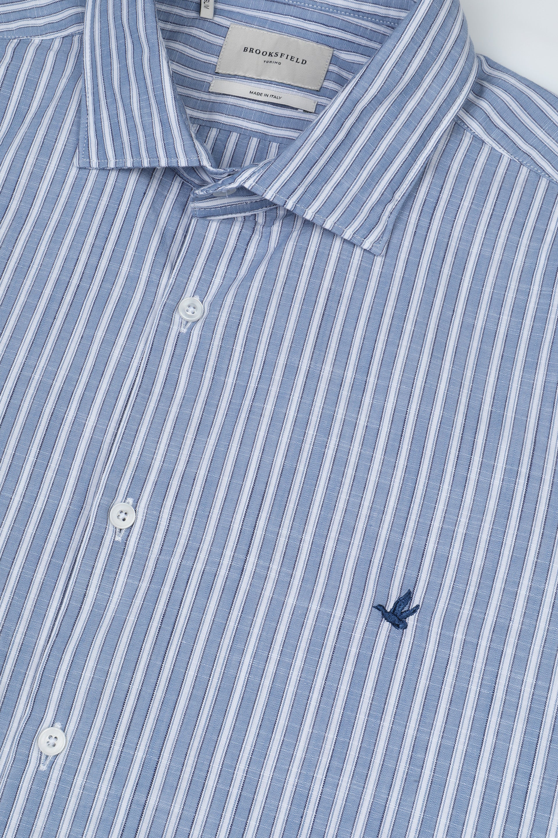 UOMO-CAMICIA (SLIM FIT) M/L SPREAD COLLAR LAVATA TESSUTO TELA COTONE FIAMMATO FANTASIA RIGA VERTICALE - Azzurro polvere/latte