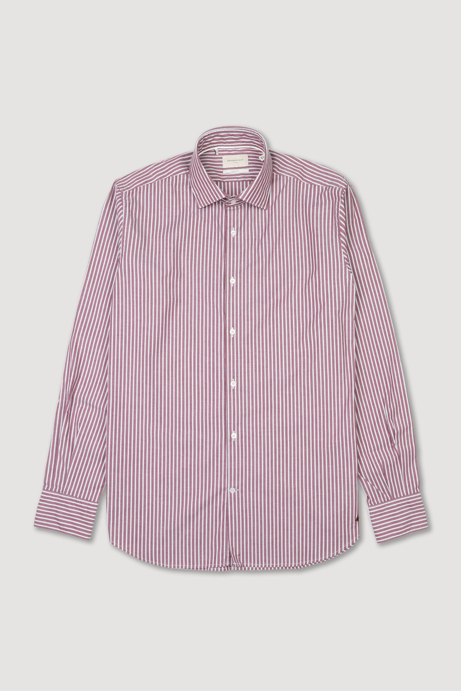 UOMO-CAMICIA (SLIM FIT) M/L SPREAD COLLAR LAVATA CON PIPING TESSUTO COTONE POPELINE STRETCH FANTASIA RIGA VERTICALE - Amaranto/bianco