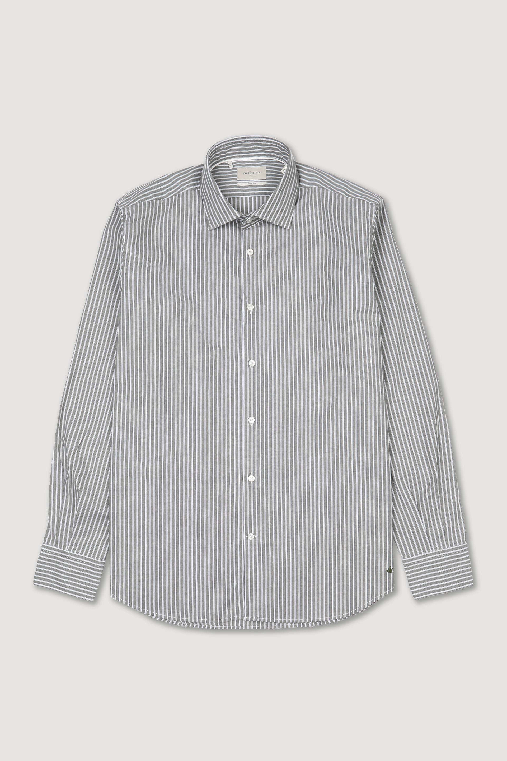 UOMO-CAMICIA (SLIM FIT) M/L SPREAD COLLAR LAVATA CON PIPING TESSUTO COTONE POPELINE STRETCH FANTASIA RIGA VERTICALE - Militare/bianco