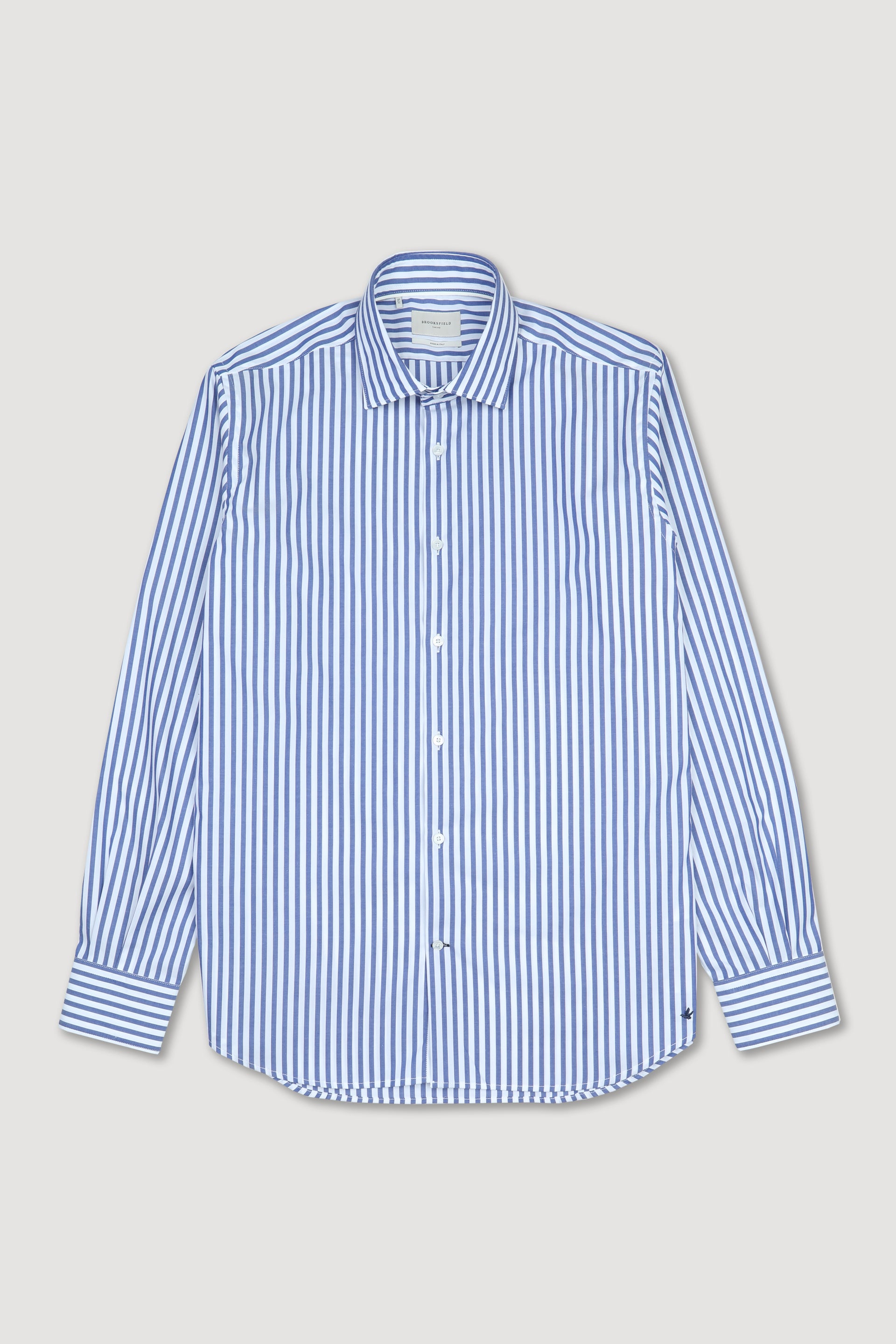 Camicia spread collar in popeline di cotone stretch rigato wrinkle free. Slim fit. Blu - Latte/Blu chiaro