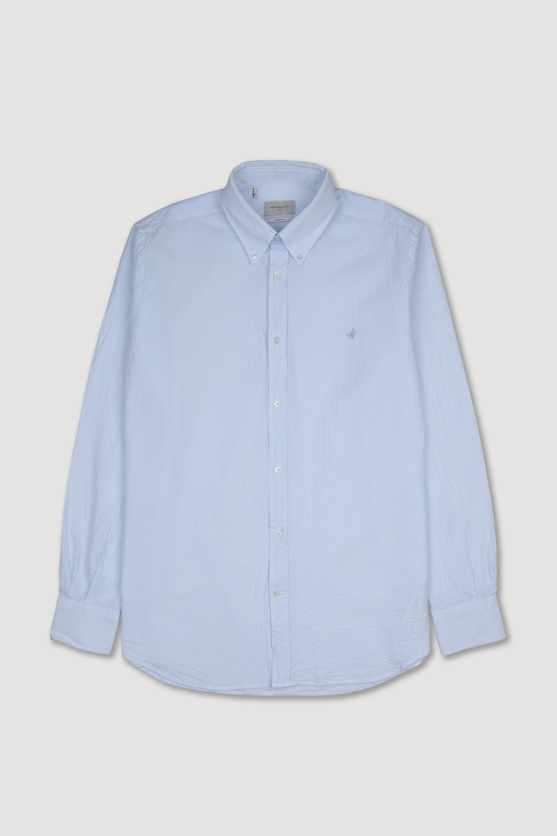 UOMO-CAMICIA (REGULAR FIT) M/L CLUB COLLAR LAVATA TESSUTO SEERSUCKER DI COTONE STRETCH FANTASIA RIGA VERTICALE - Bianco/celeste