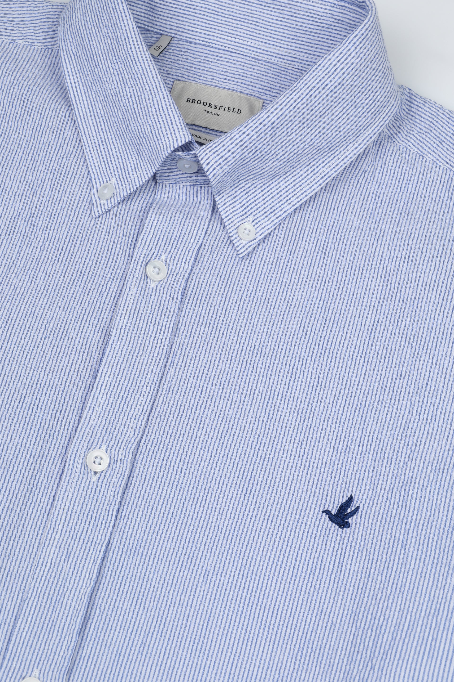 UOMO-CAMICIA (REGULAR FIT) M/L CLUB COLLAR LAVATA TESSUTO SEERSUCKER DI COTONE STRETCH FANTASIA RIGA VERTICALE - Bianco/sailor