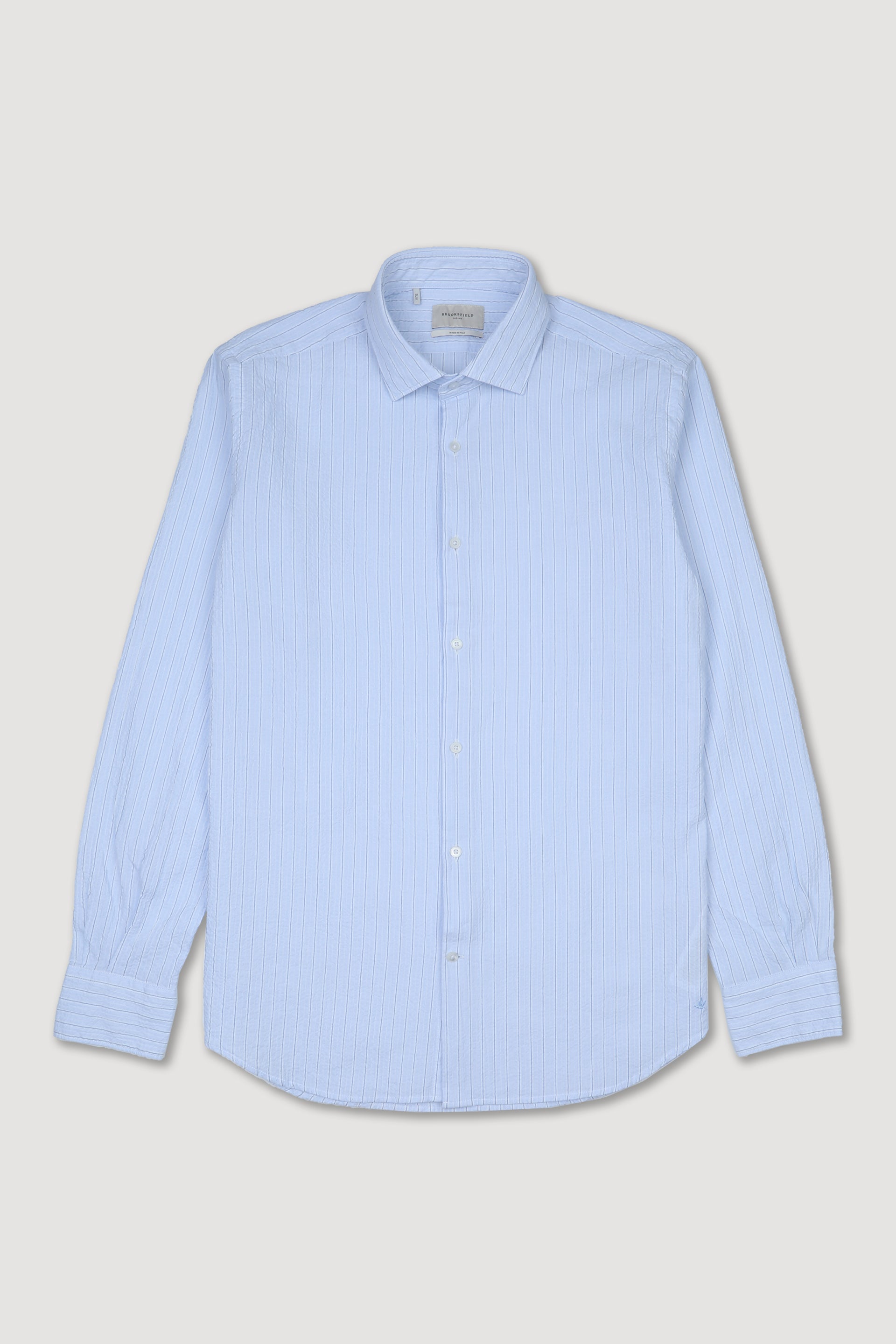 Camicia spread collar in seersucker di cotone stretch rigato. Slim fit. Blu - Celeste/Blu chiaro/Bianco