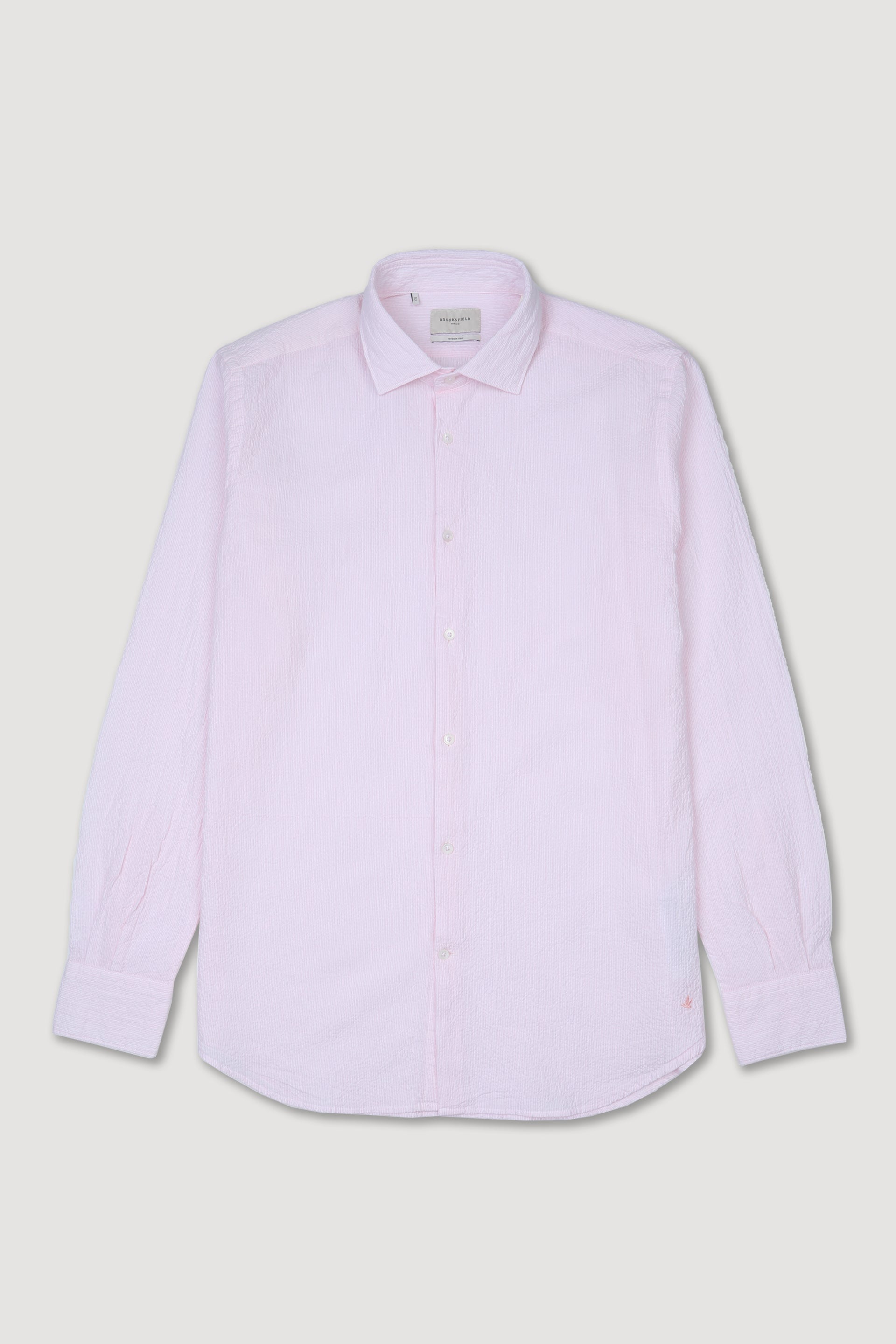 Camicia spread collar in seersucker di cotone stretch rigato. Slim fit. Rosa - Bianco/Rosa