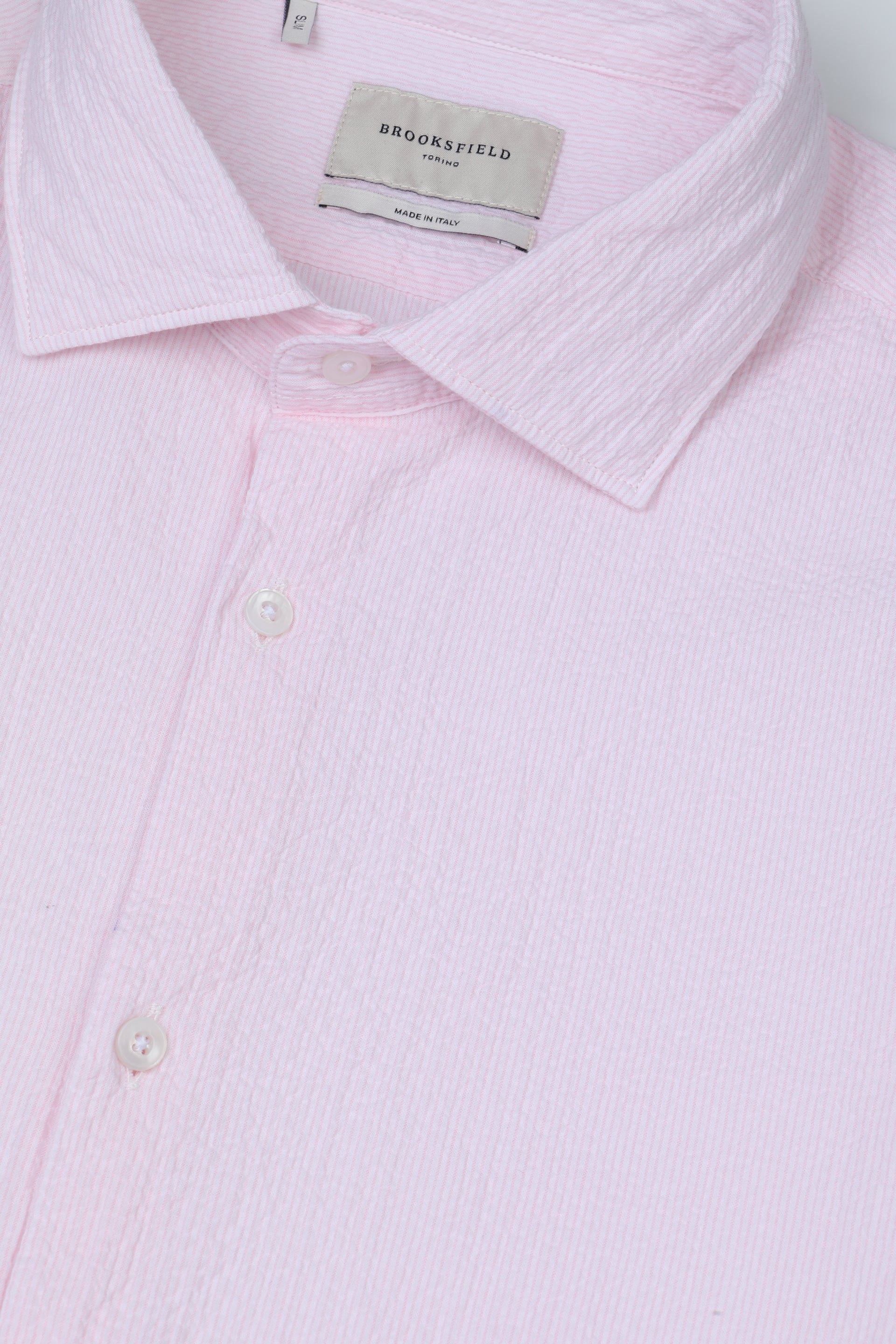 Camicia spread collar in seersucker di cotone stretch rigato. Slim fit. Rosa - Bianco/Rosa