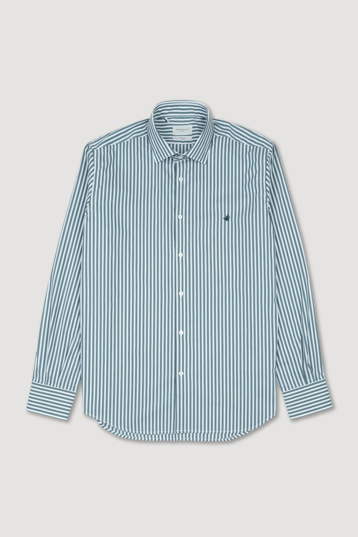 Camicia slim fit con collo spread in popeline rigato di cotone stretch. Verde - Verdone/Bianco/Nero