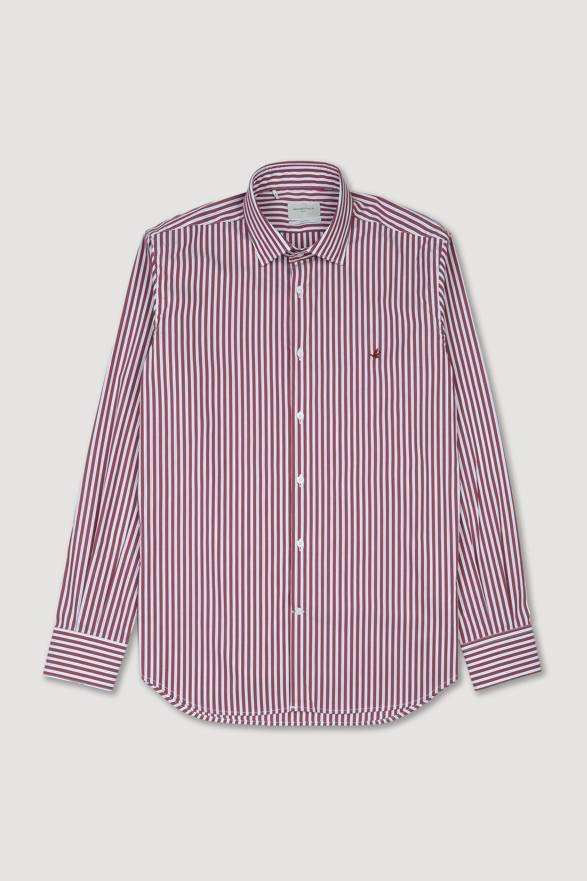 Camicia slim fit con collo spread in popeline rigato di cotone stretch - Bordeaux/Bianco/Nero