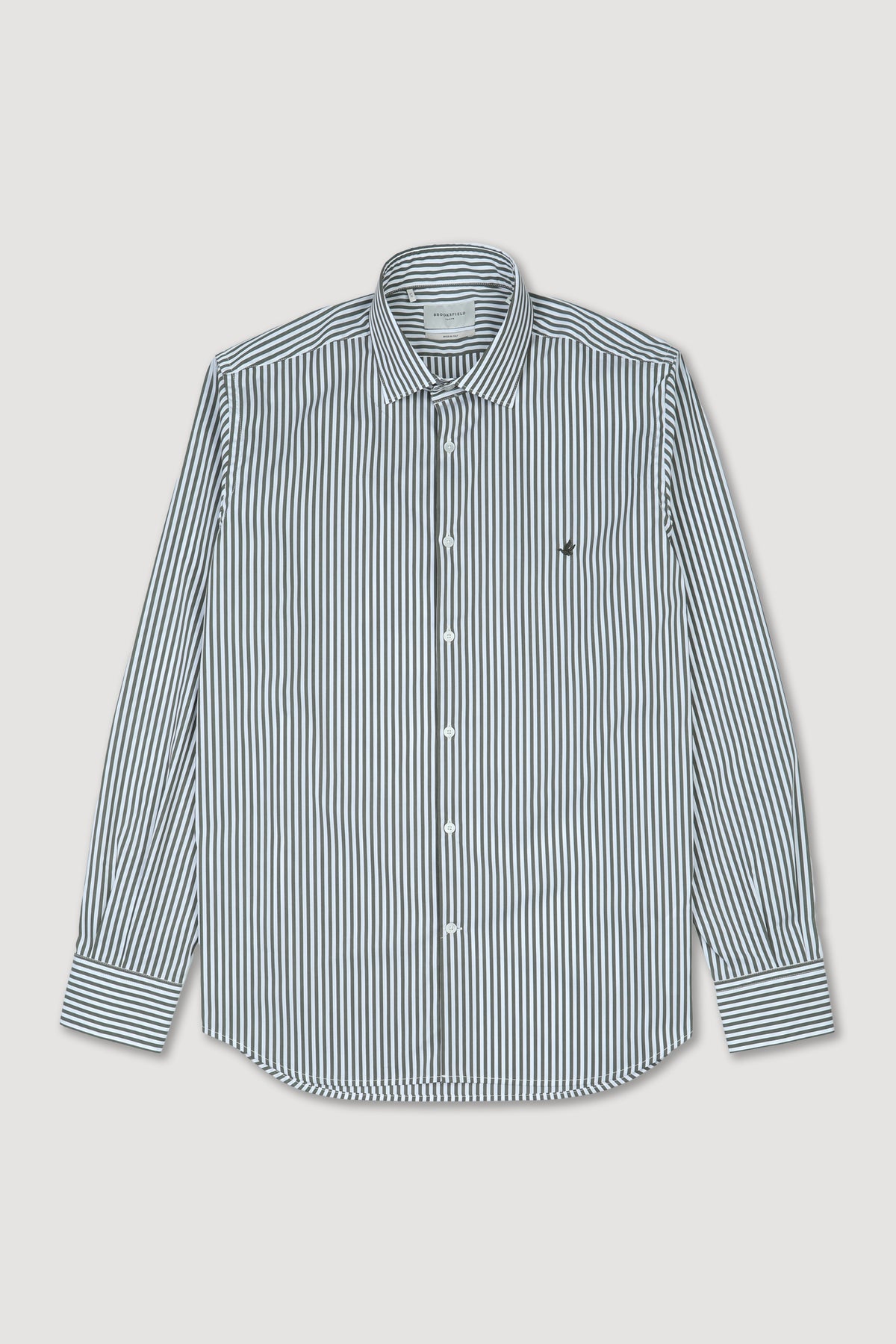 Camicia slim fit con collo spread in popeline rigato di cotone stretch. Verde - Militare/Bianco