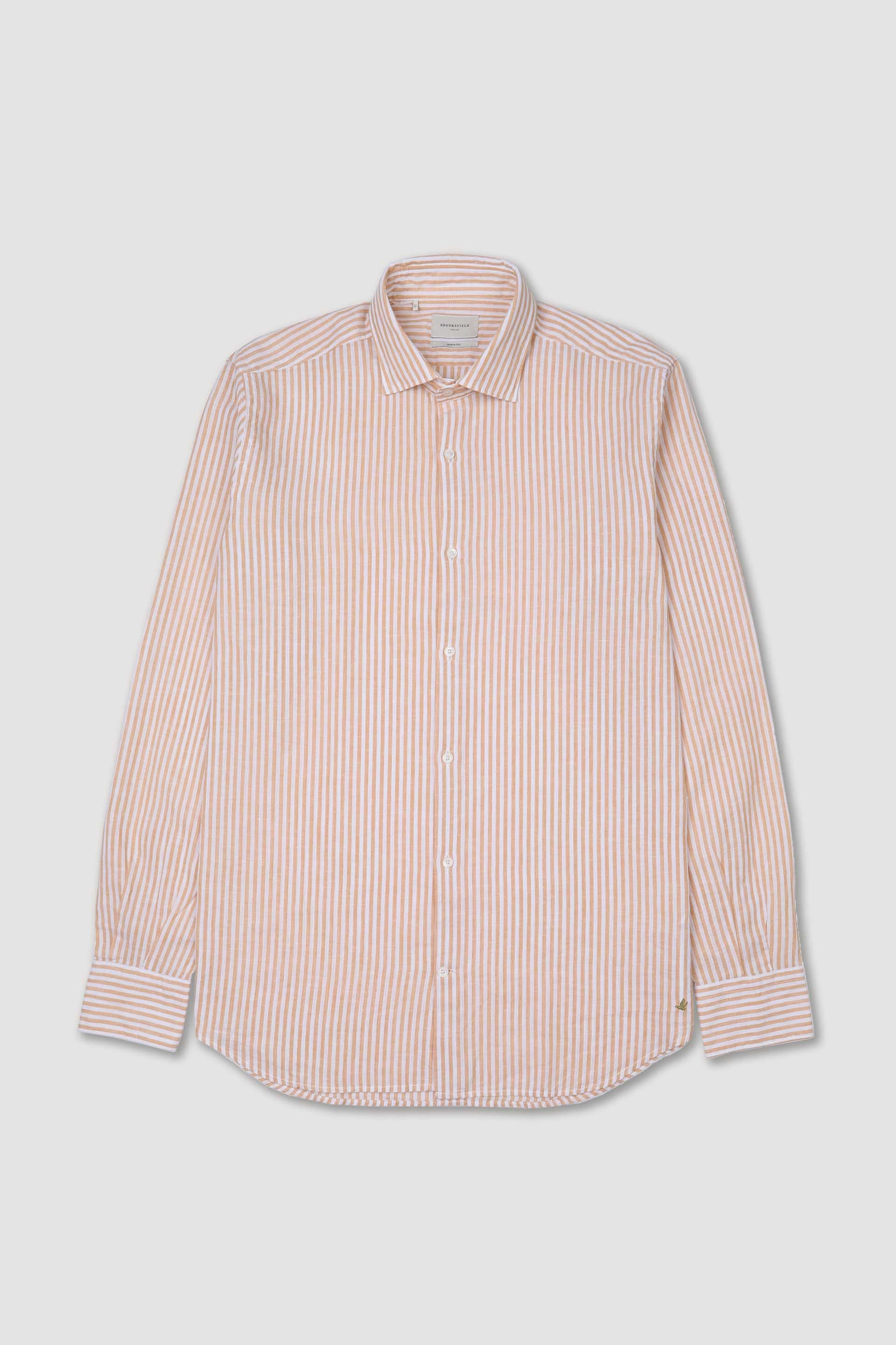 CAMICIA, SLIM FIT, SPREAD COLLAR,  MISTO LINO RIGA, LAVATO - Senape/bianco