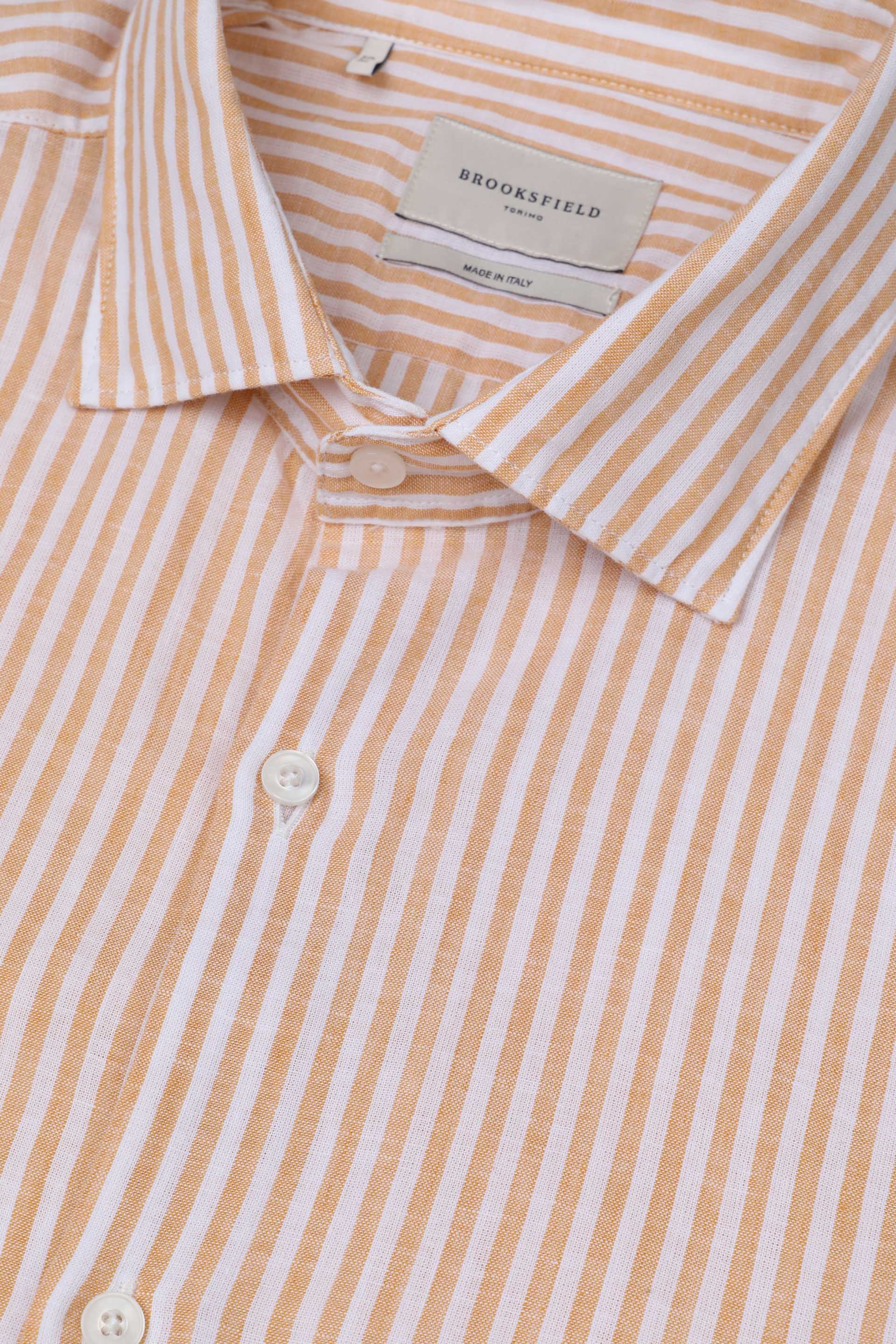 CAMICIA, SLIM FIT, SPREAD COLLAR,  MISTO LINO RIGA, LAVATO - Senape/bianco