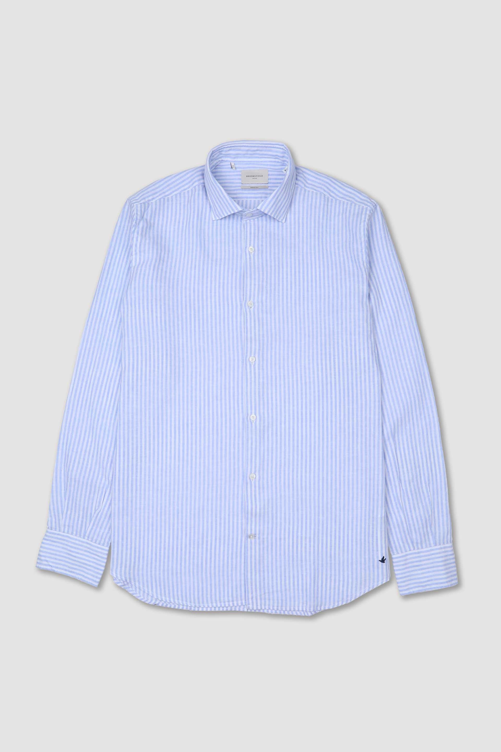 CAMICIA, SLIM FIT, SPREAD COLLAR,  MISTO LINO RIGA, LAVATO - Azzurro/bianco