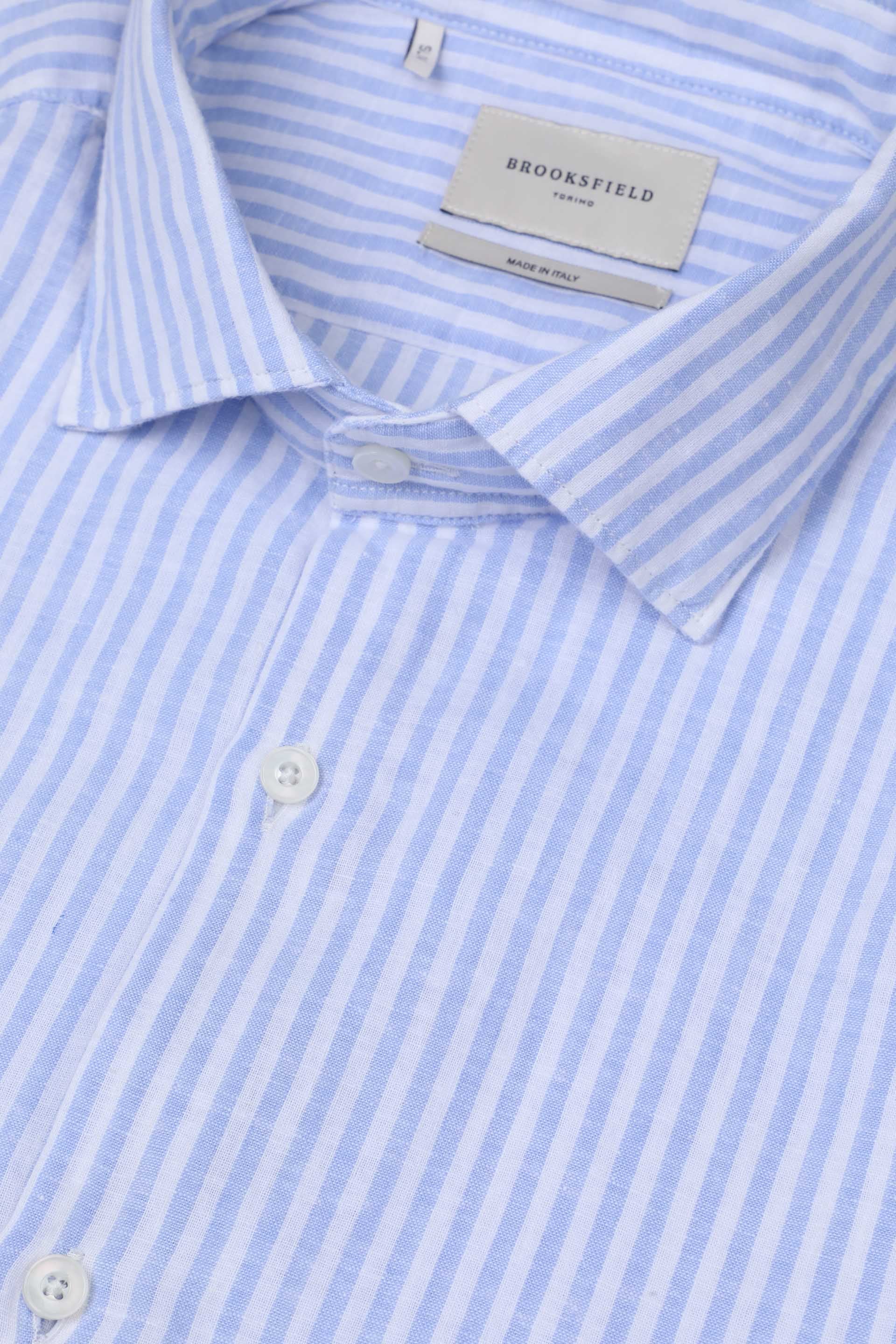 CAMICIA, SLIM FIT, SPREAD COLLAR,  MISTO LINO RIGA, LAVATO - Azzurro/bianco