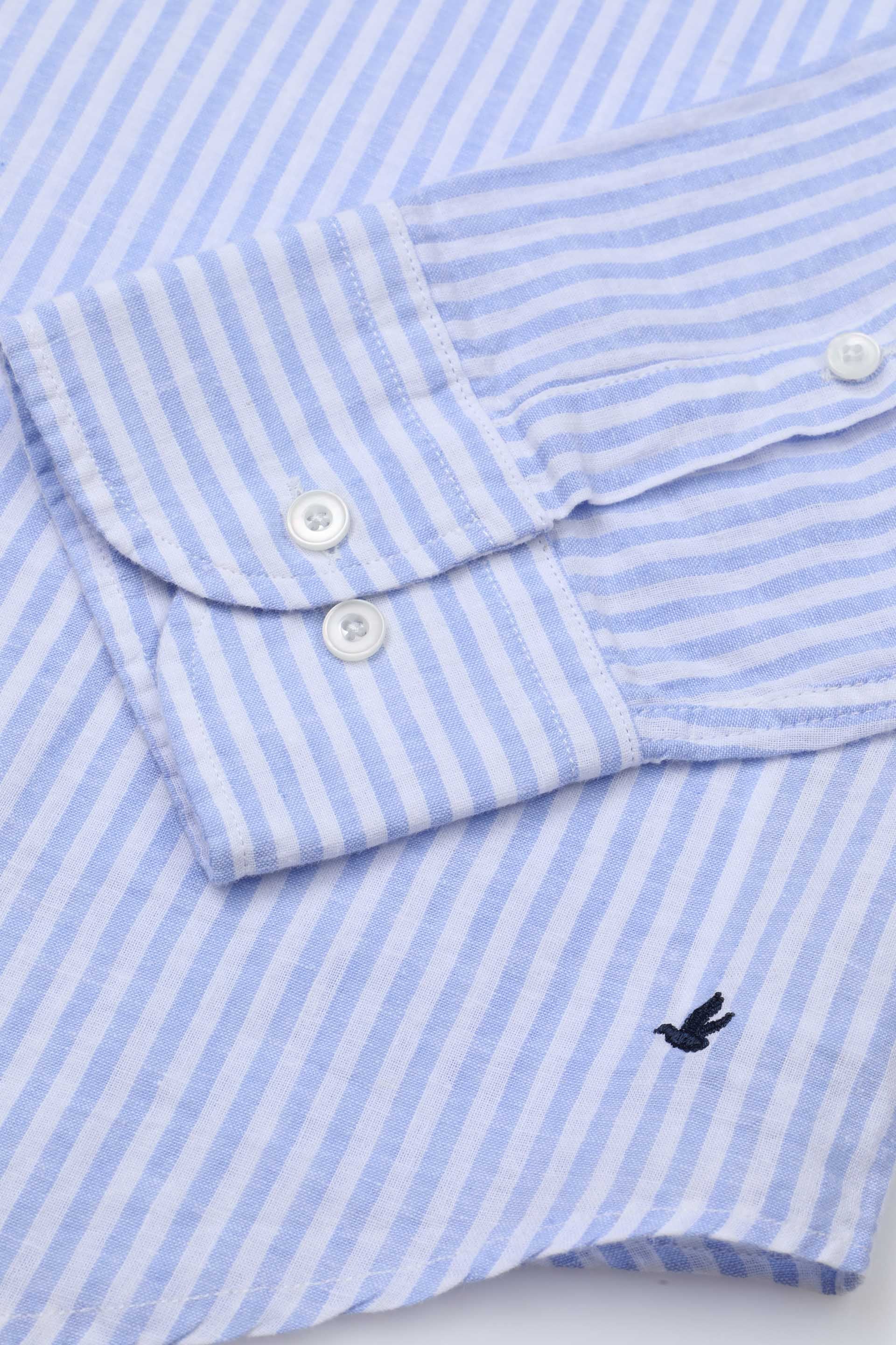 CAMICIA, SLIM FIT, SPREAD COLLAR,  MISTO LINO RIGA, LAVATO - Azzurro/bianco