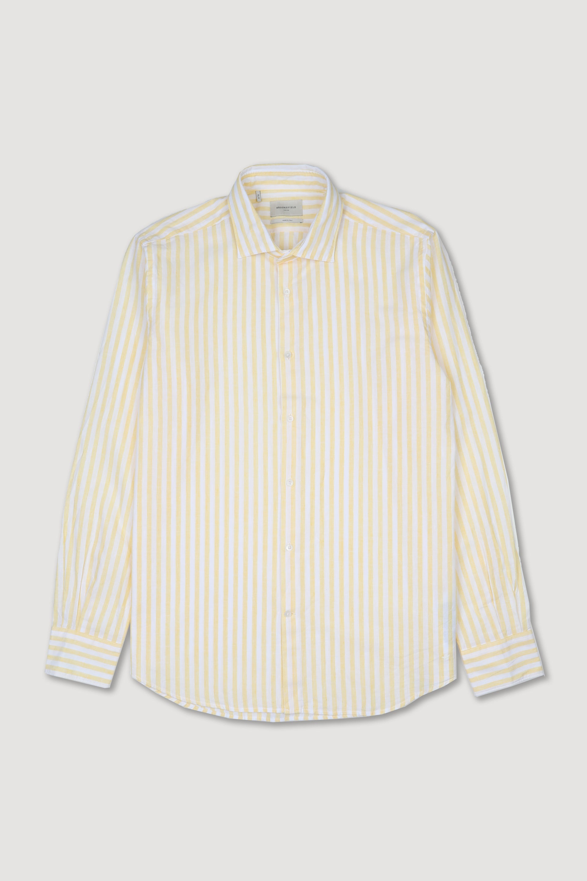 UOMO-CAMICIA (SLIM FIT) M/L SPREAD COLLAR LAVATA TESSUTO COTONE MISTO LINO FANTASIA RIGA VERTICALE - Bianco/Giallo
