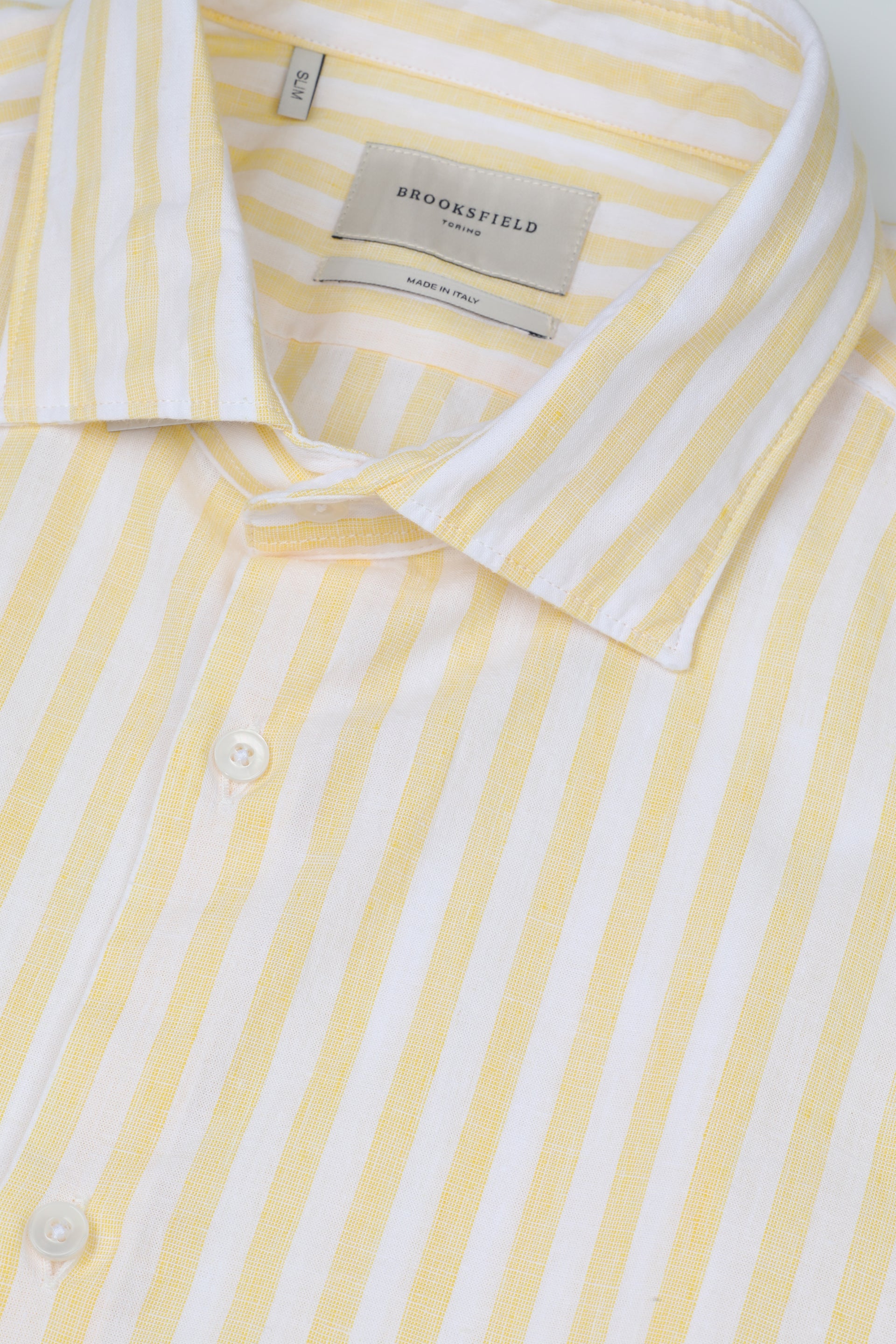 UOMO-CAMICIA (SLIM FIT) M/L SPREAD COLLAR LAVATA TESSUTO COTONE MISTO LINO FANTASIA RIGA VERTICALE - Bianco/Giallo