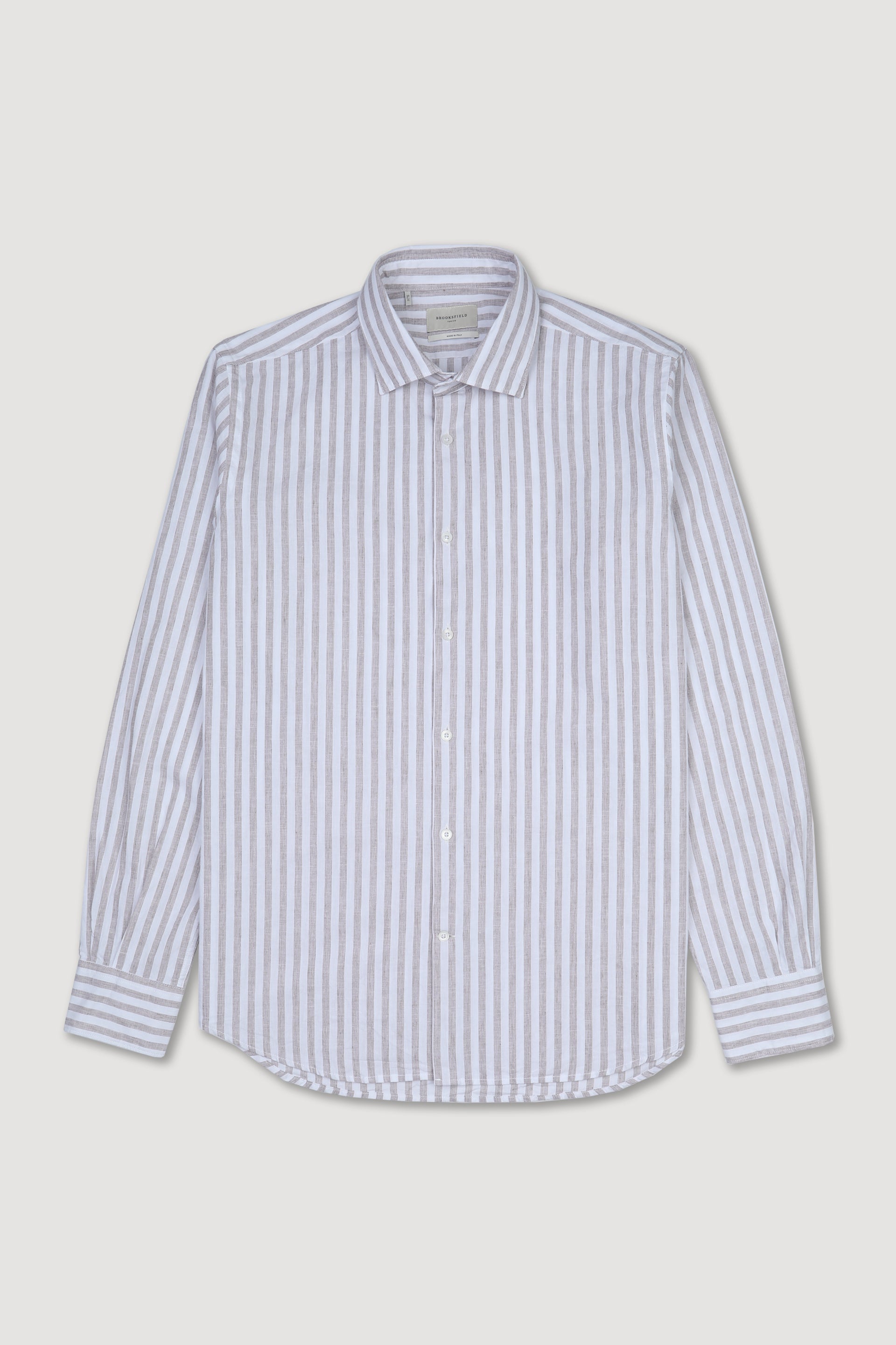 Camicia spread collar in cotone misto lino rigato, slim fit. Marrone - Bianco/Marrone