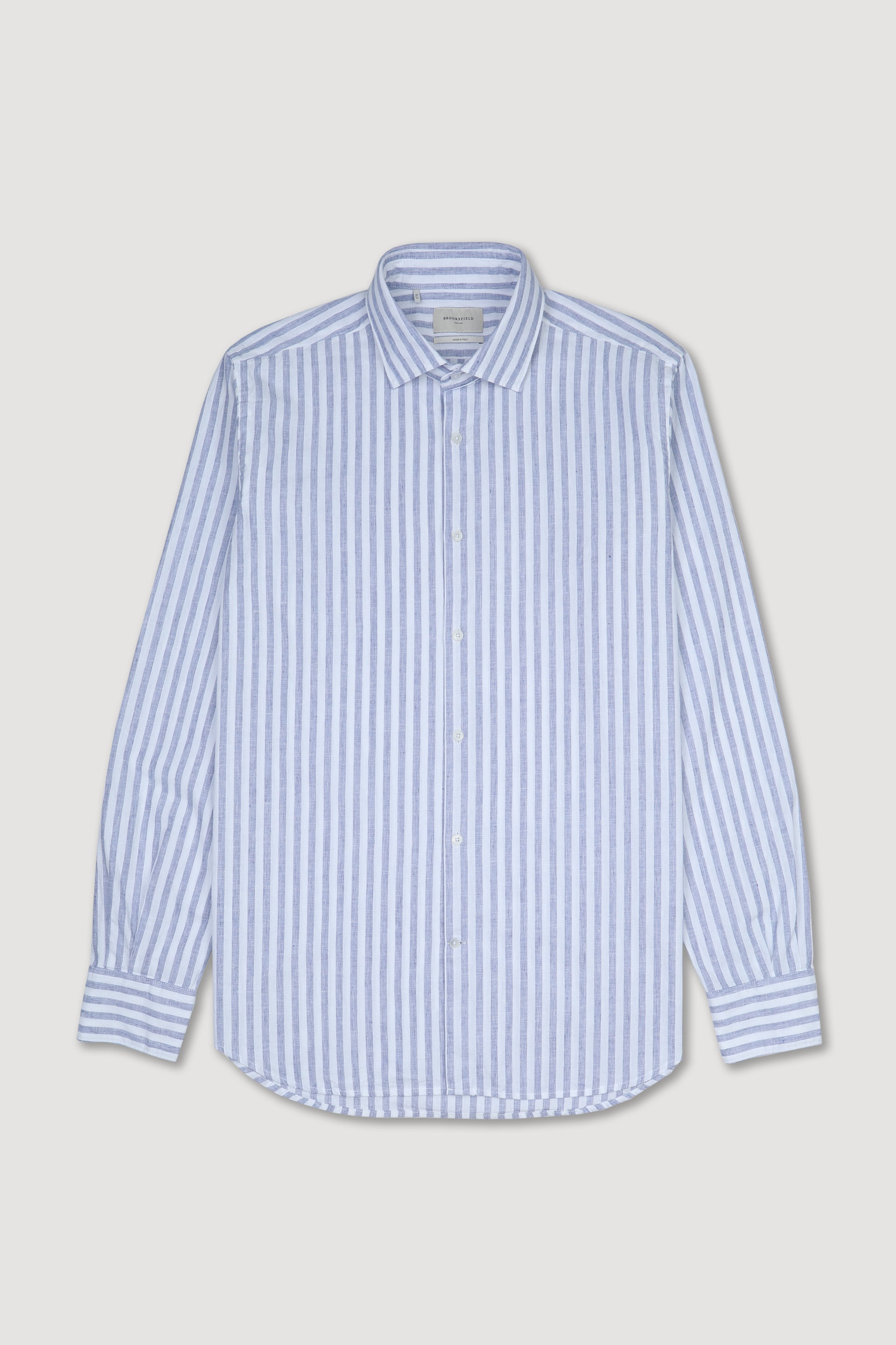 Camicia spread collar in cotone misto lino rigato, slim fit. Blu - Bianco/Blu